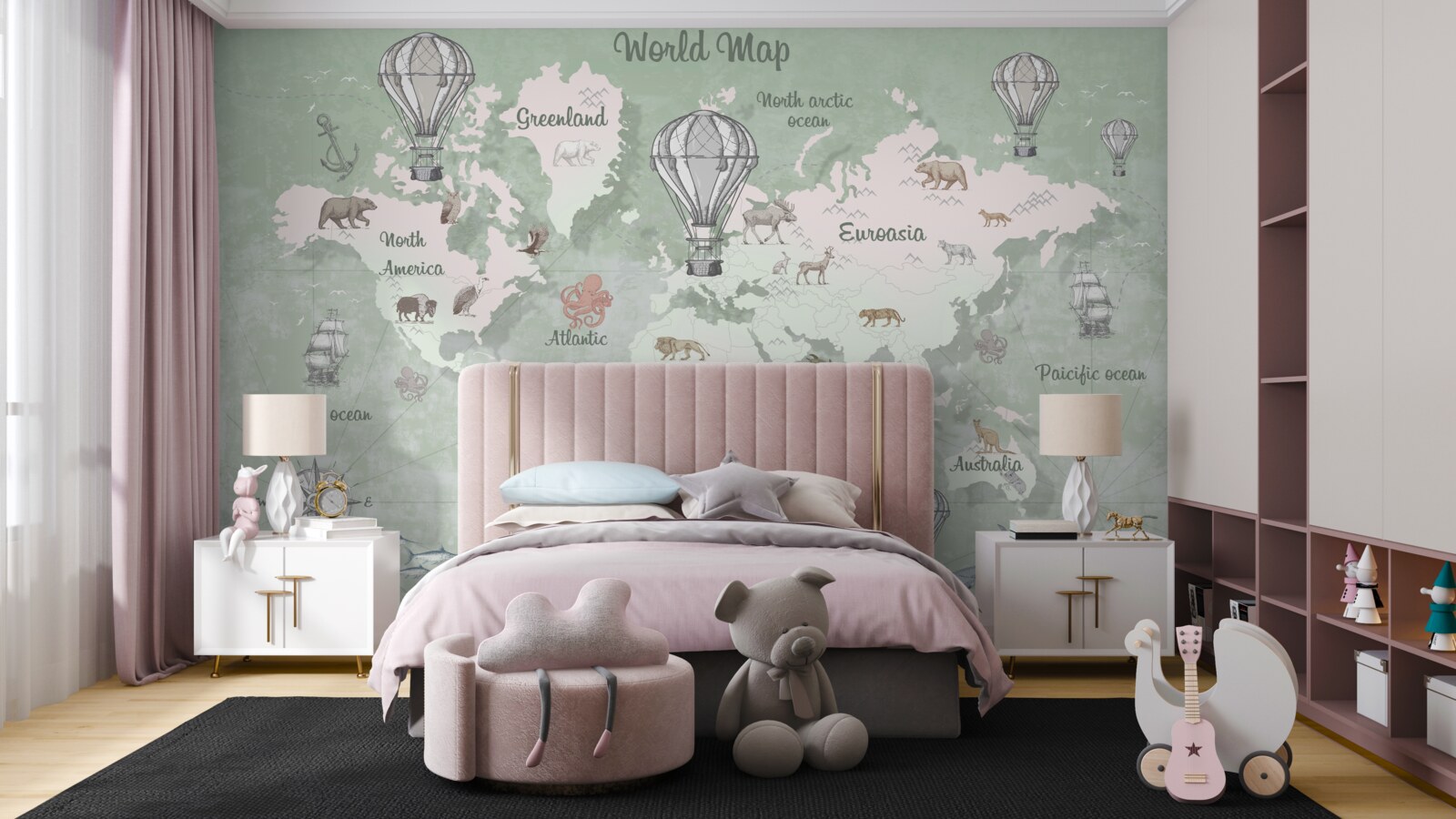 Fotobehang wereldkaart met gemarkeerde continenten