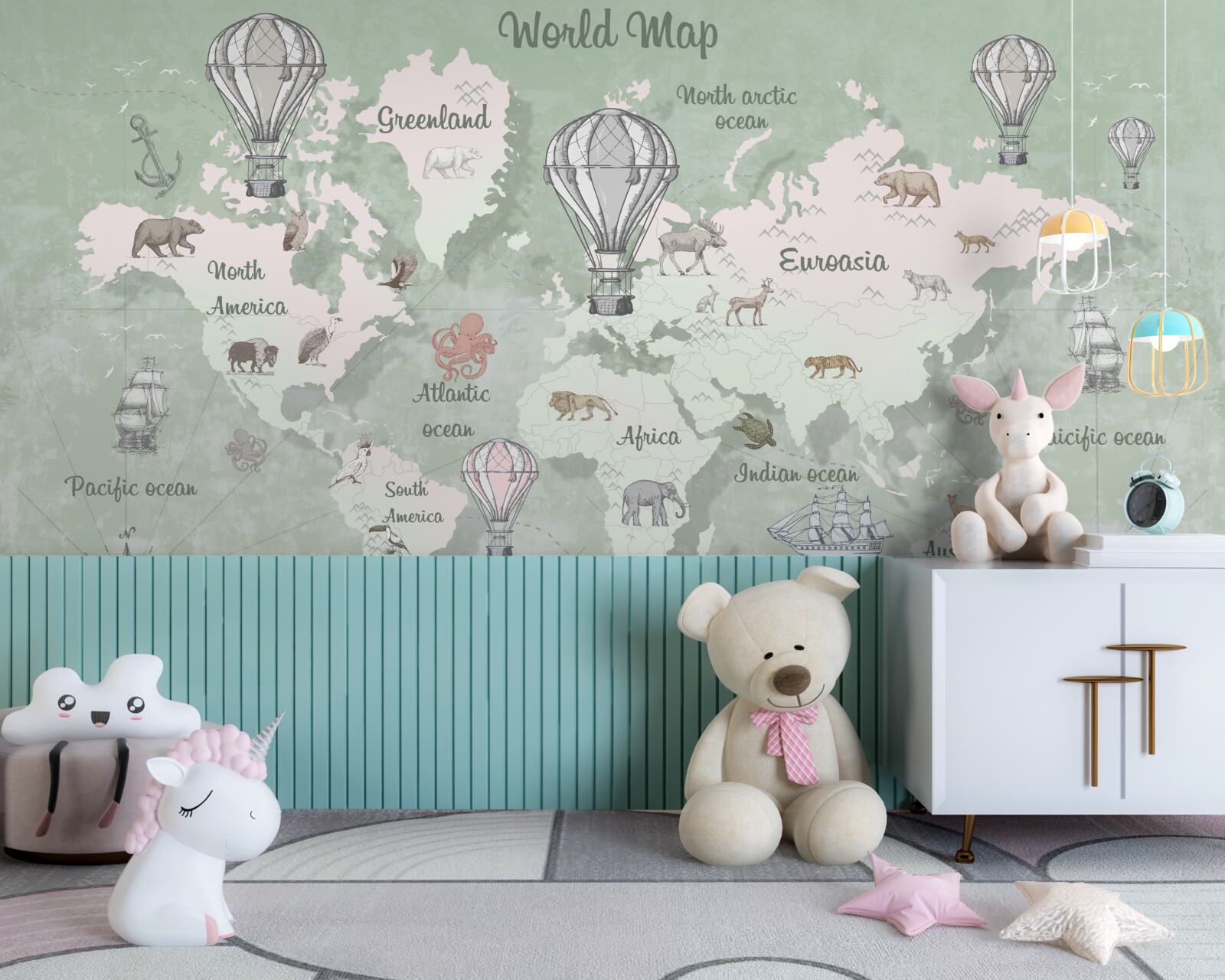 Fotobehang wereldkaart met gemarkeerde continenten