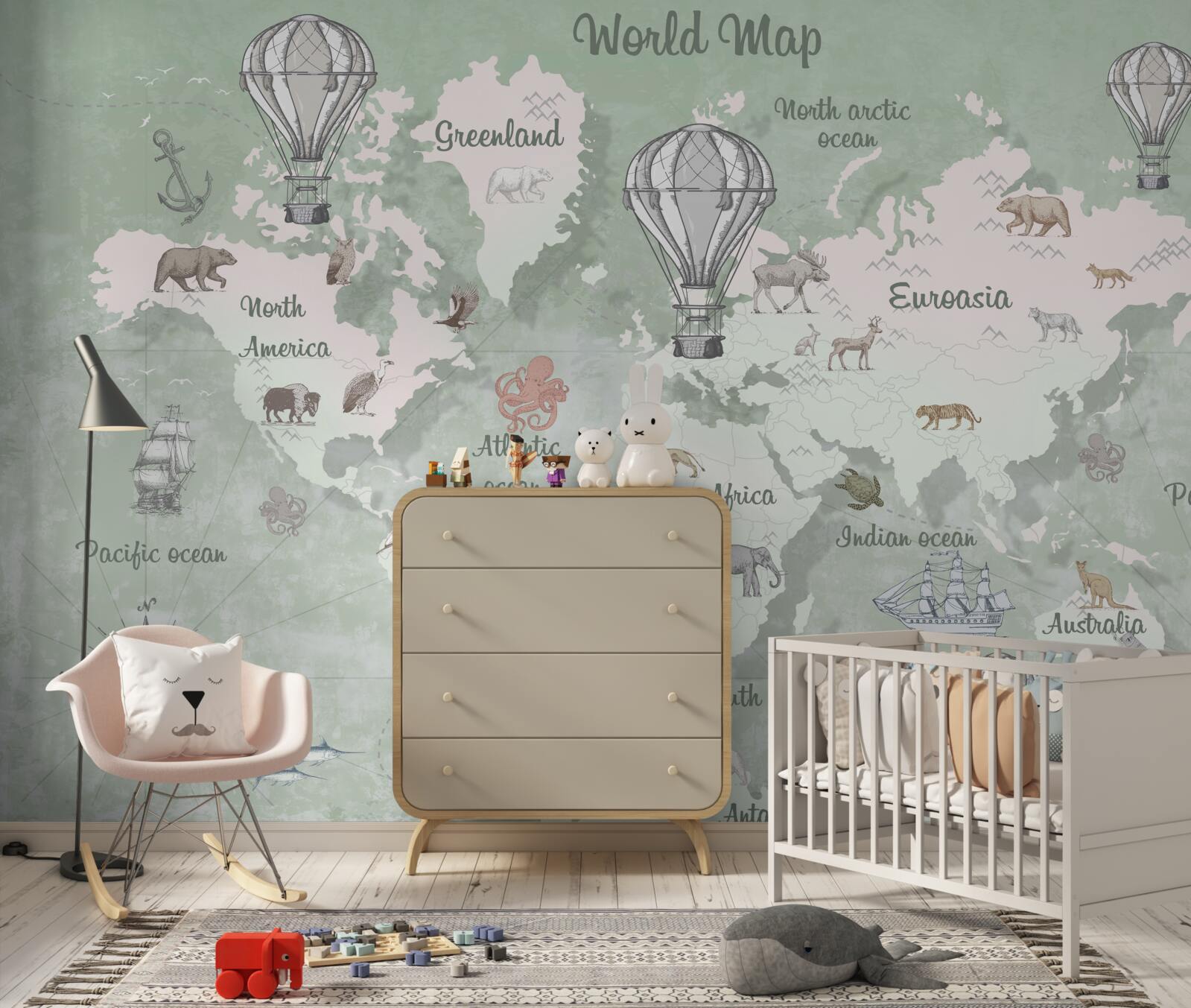 Fotobehang wereldkaart met gemarkeerde continenten