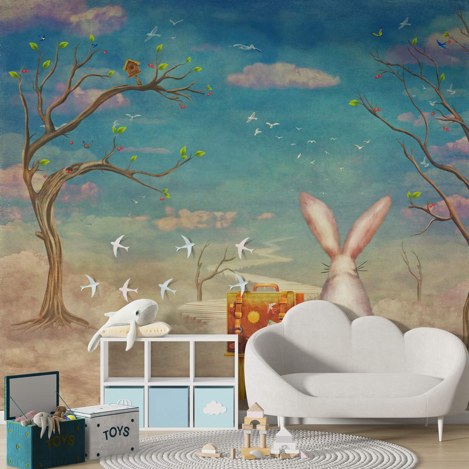 Fotobehang een konijn zit op een bankje en wacht