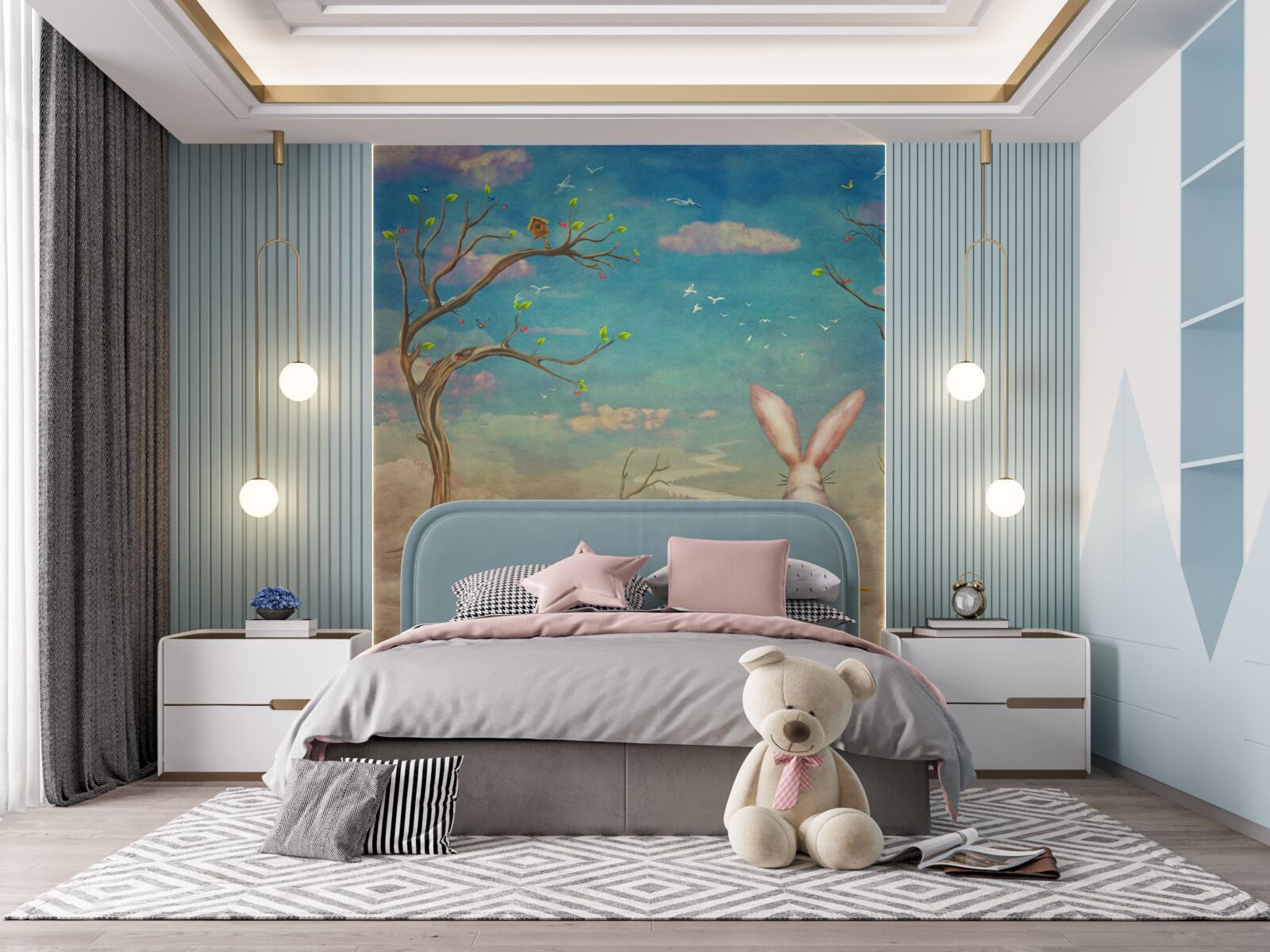 Fotobehang een konijn zit op een bankje en wacht