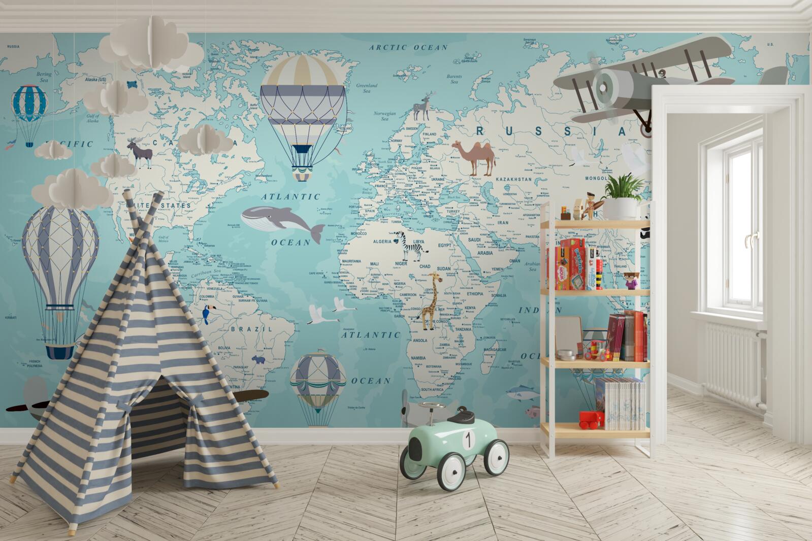 Fotobehang wereldkaart in blauwtinten voor een jongen