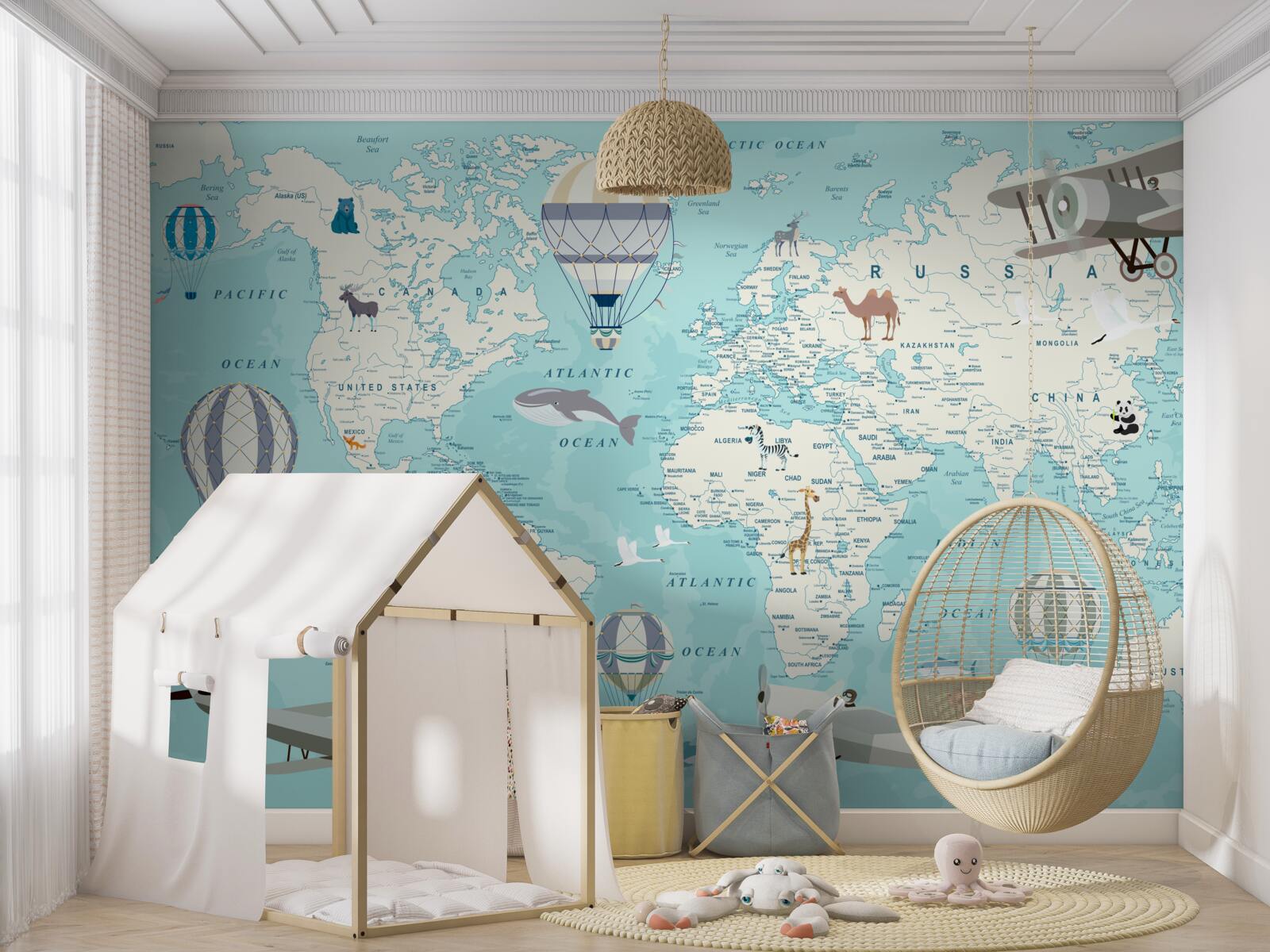 Fotobehang wereldkaart in blauwtinten voor een jongen