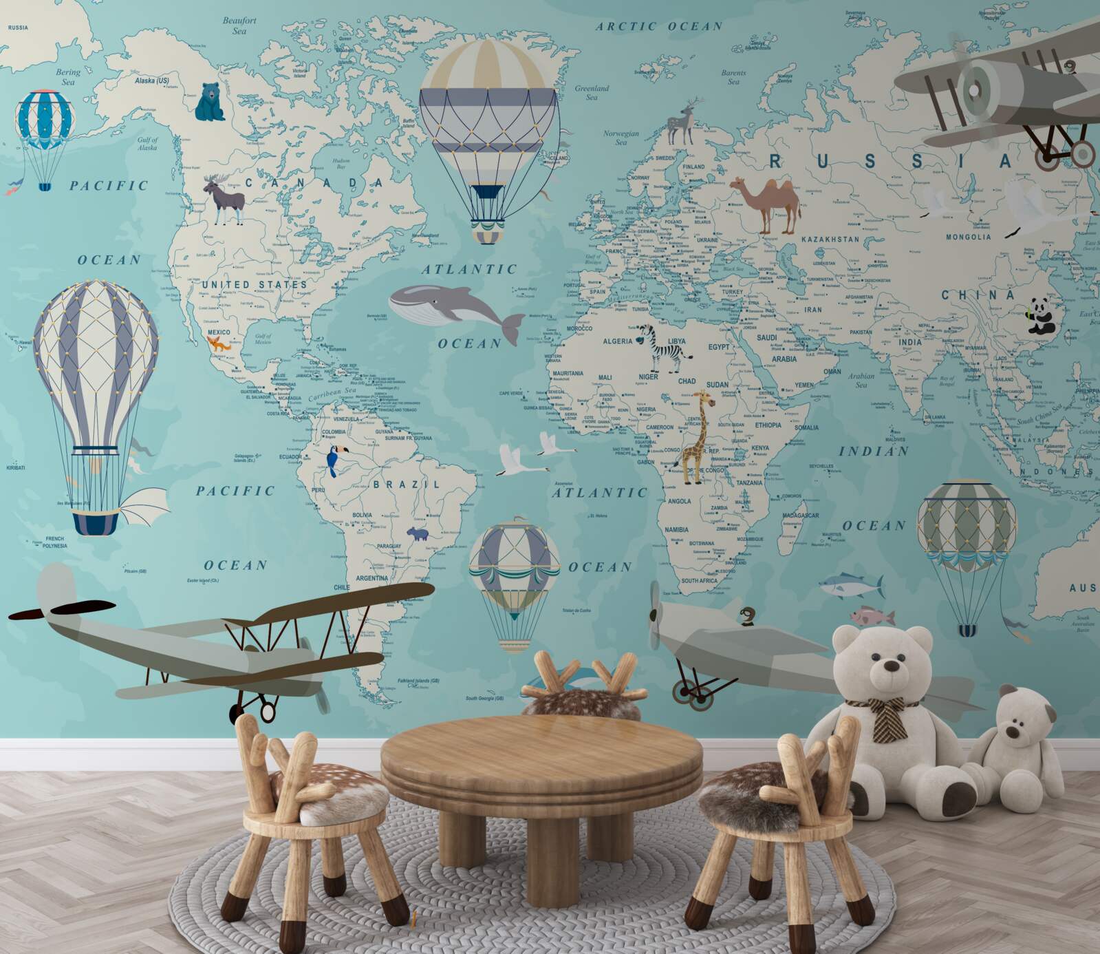 Fotobehang wereldkaart in blauwtinten voor een jongen