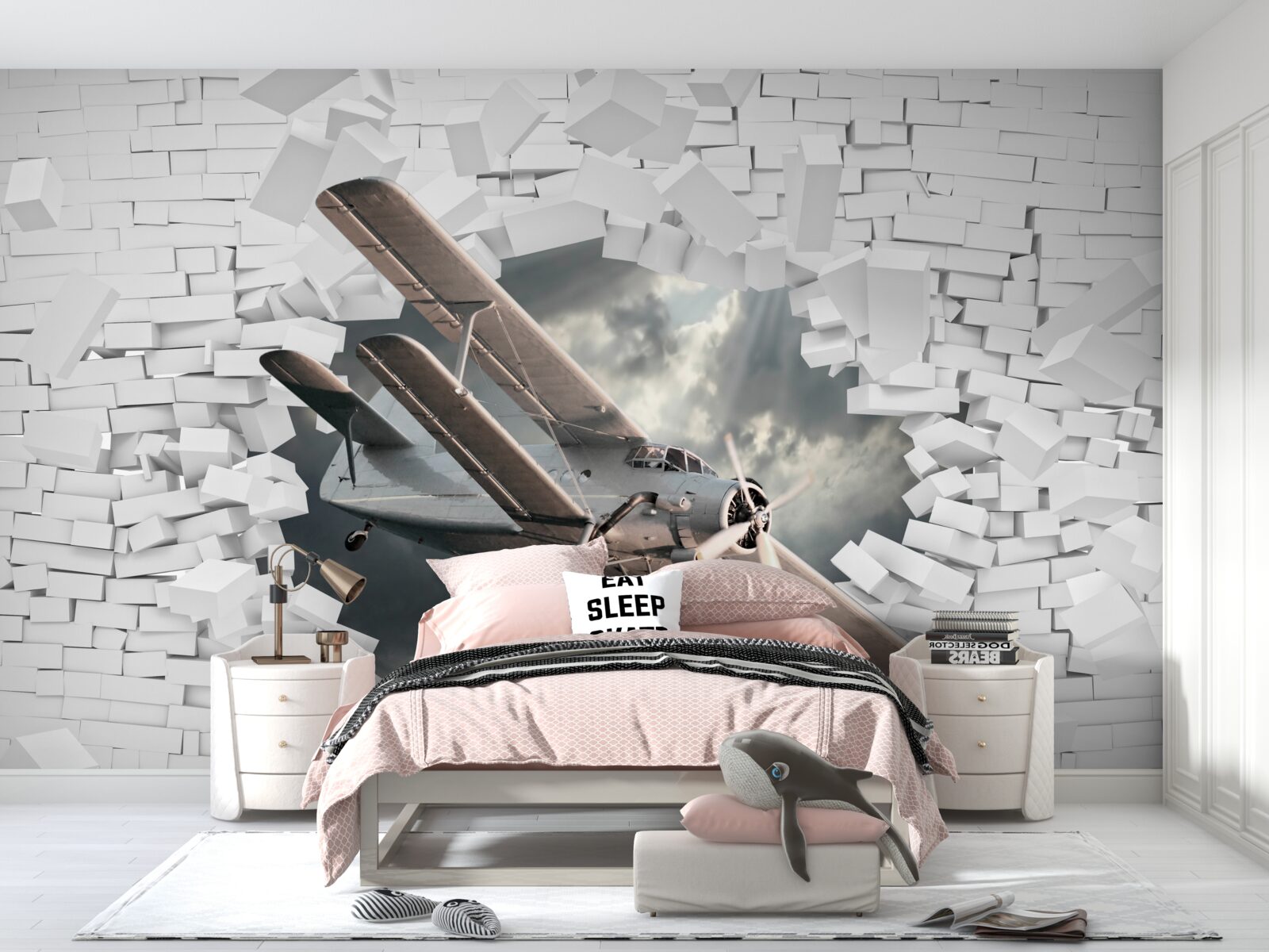 Fotobehang vliegtuig doorboort muur