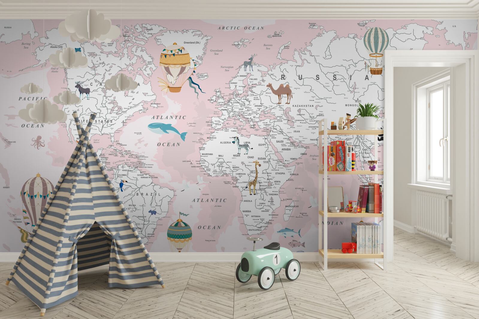 Fotobehang kaart van de wereld in roze