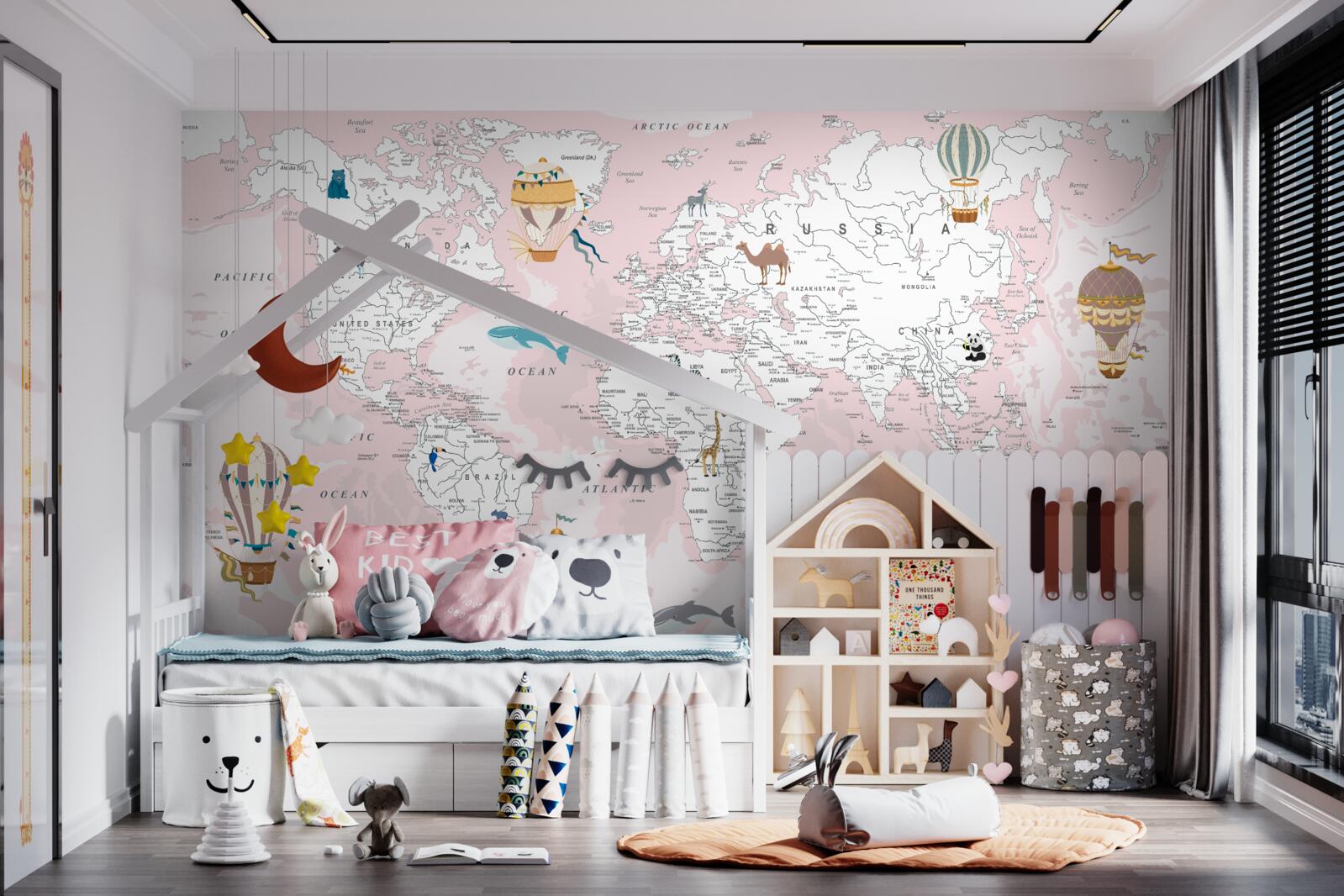 Fotobehang kaart van de wereld in roze