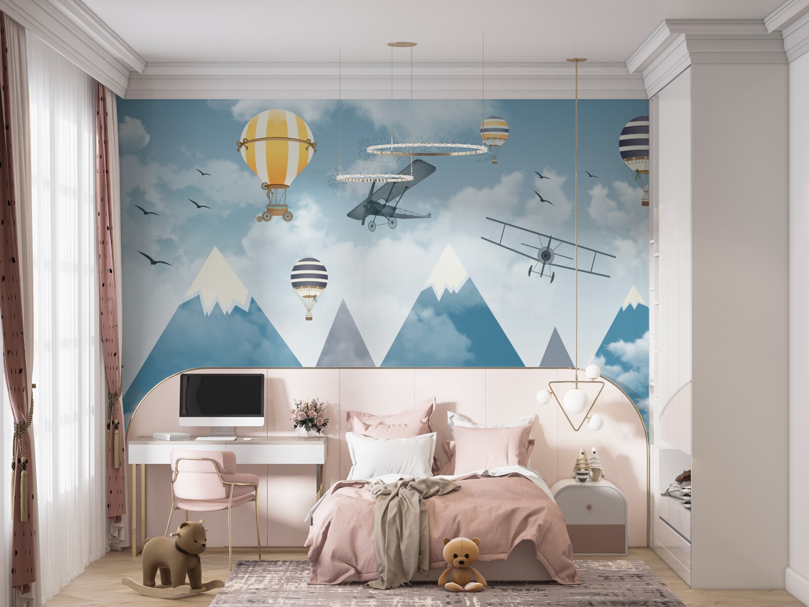 Fotobehang vlucht van vliegtuigen en ballonnen over de bergketen