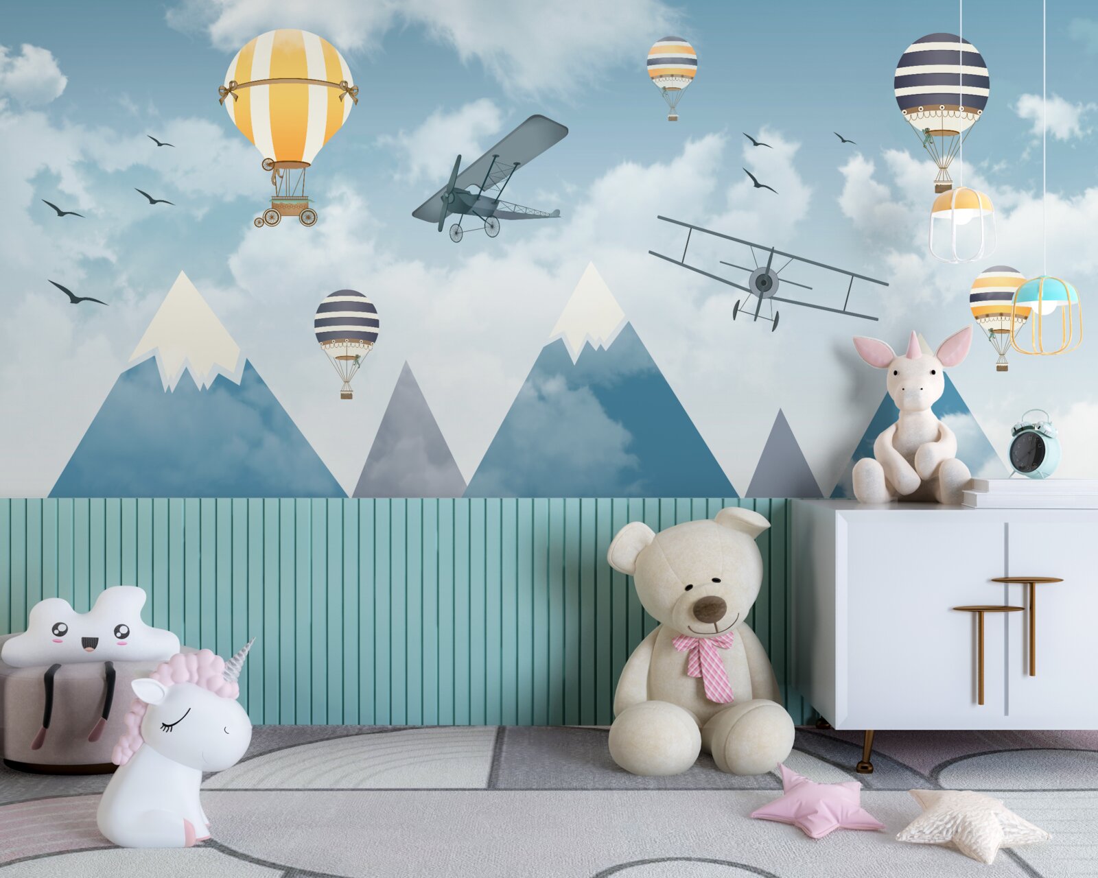 Fotobehang vlucht van vliegtuigen en ballonnen over de bergketen