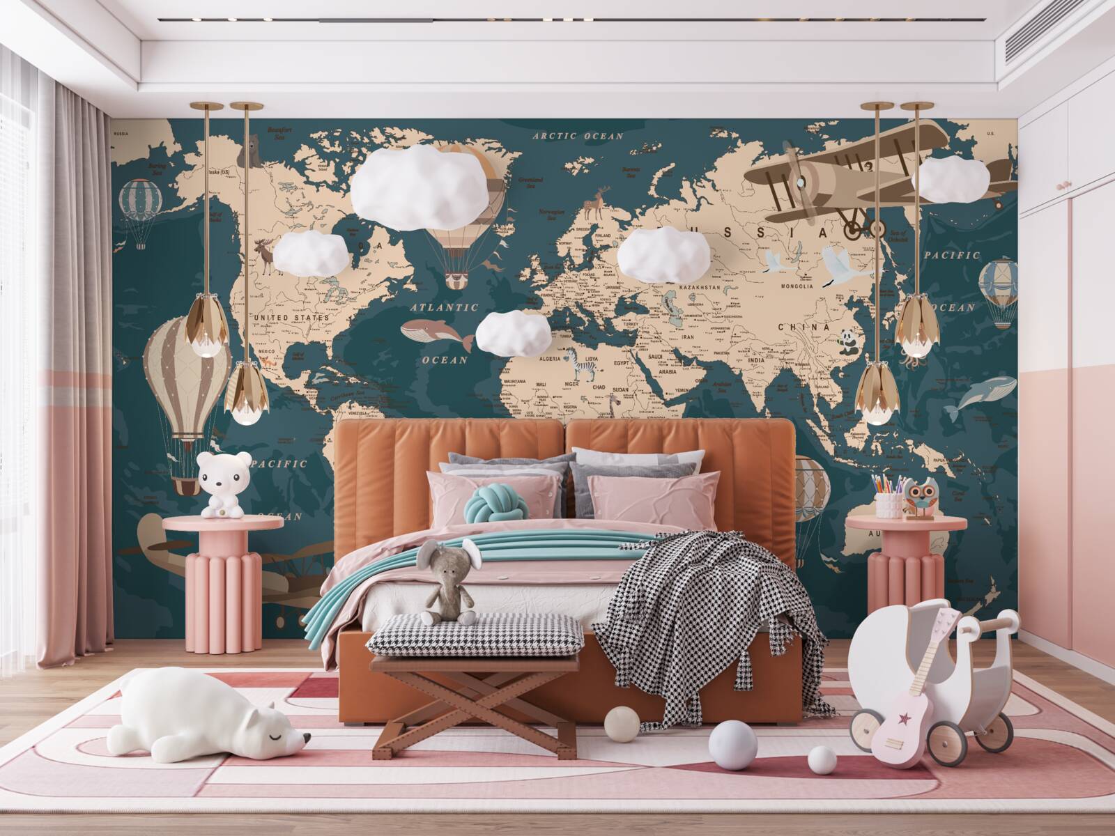 Fotobehang wereldkaart met transport en bevolking