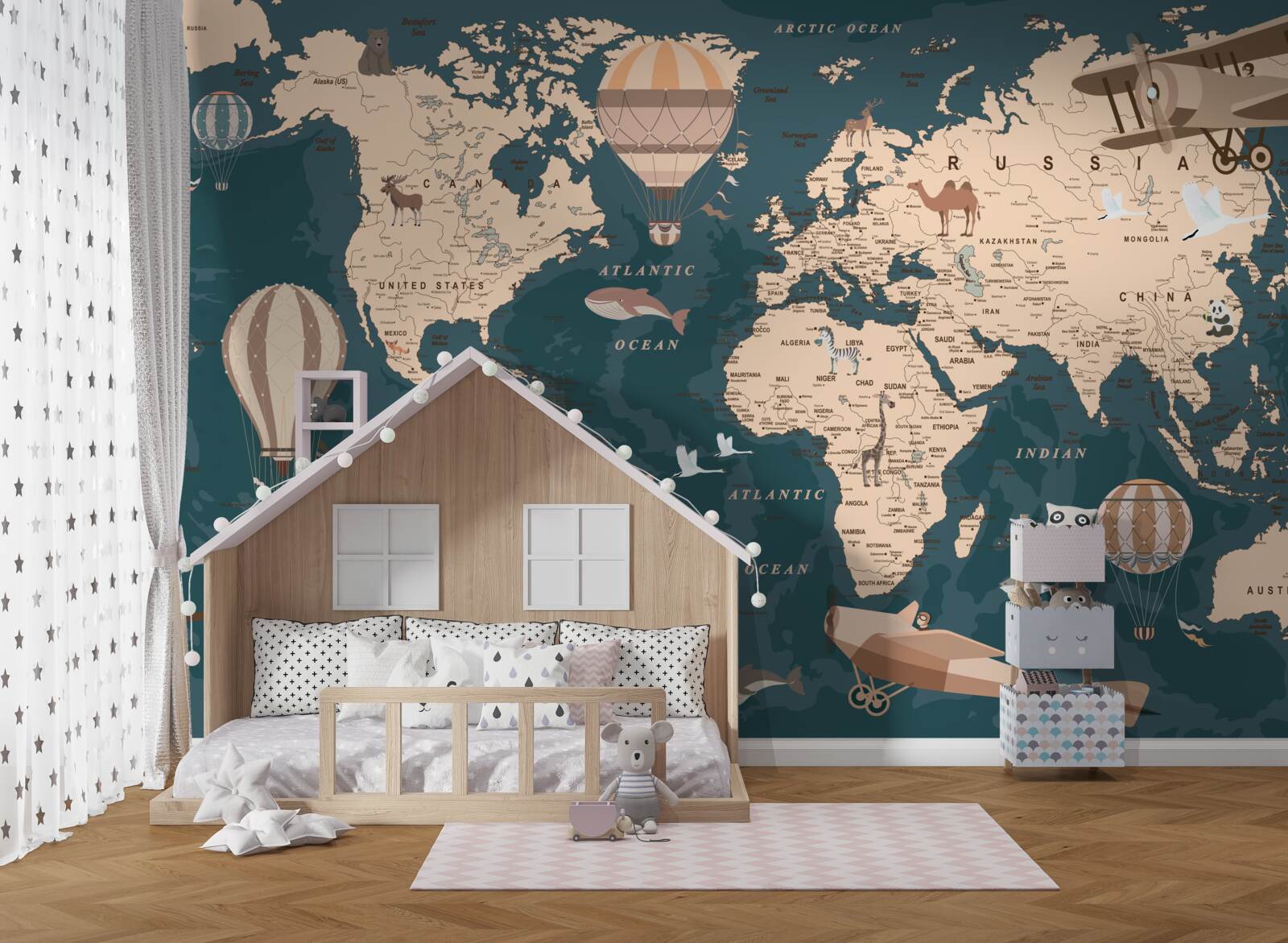 Fotobehang wereldkaart met transport en bevolking