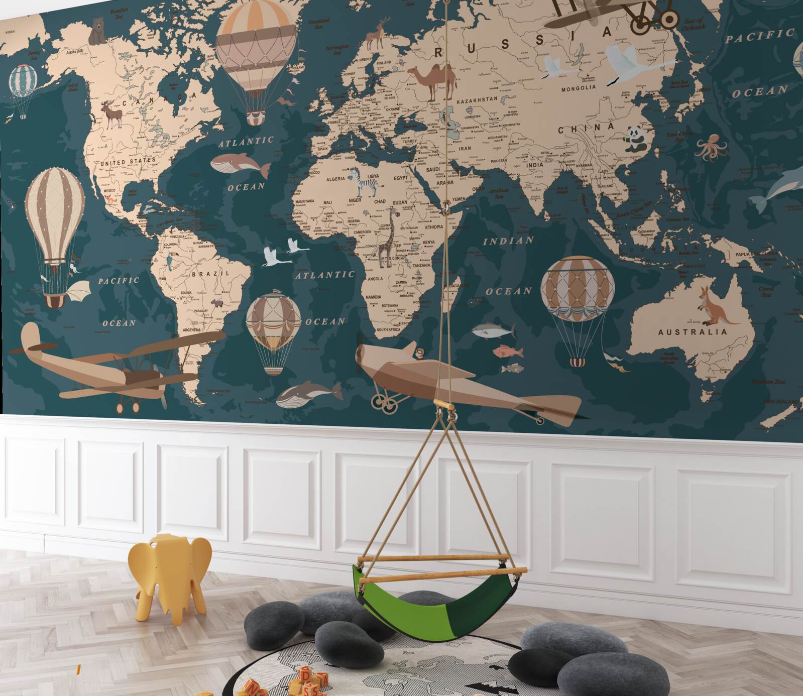 Fotobehang wereldkaart met transport en bevolking