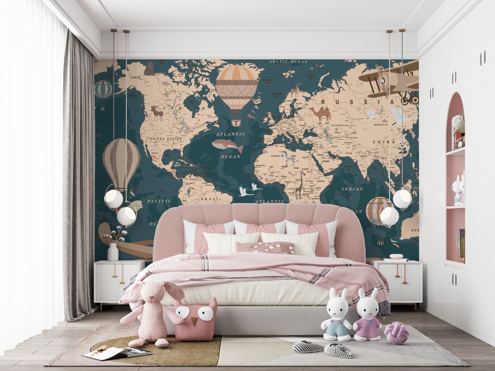 Fotobehang wereldkaart met transport en bevolking