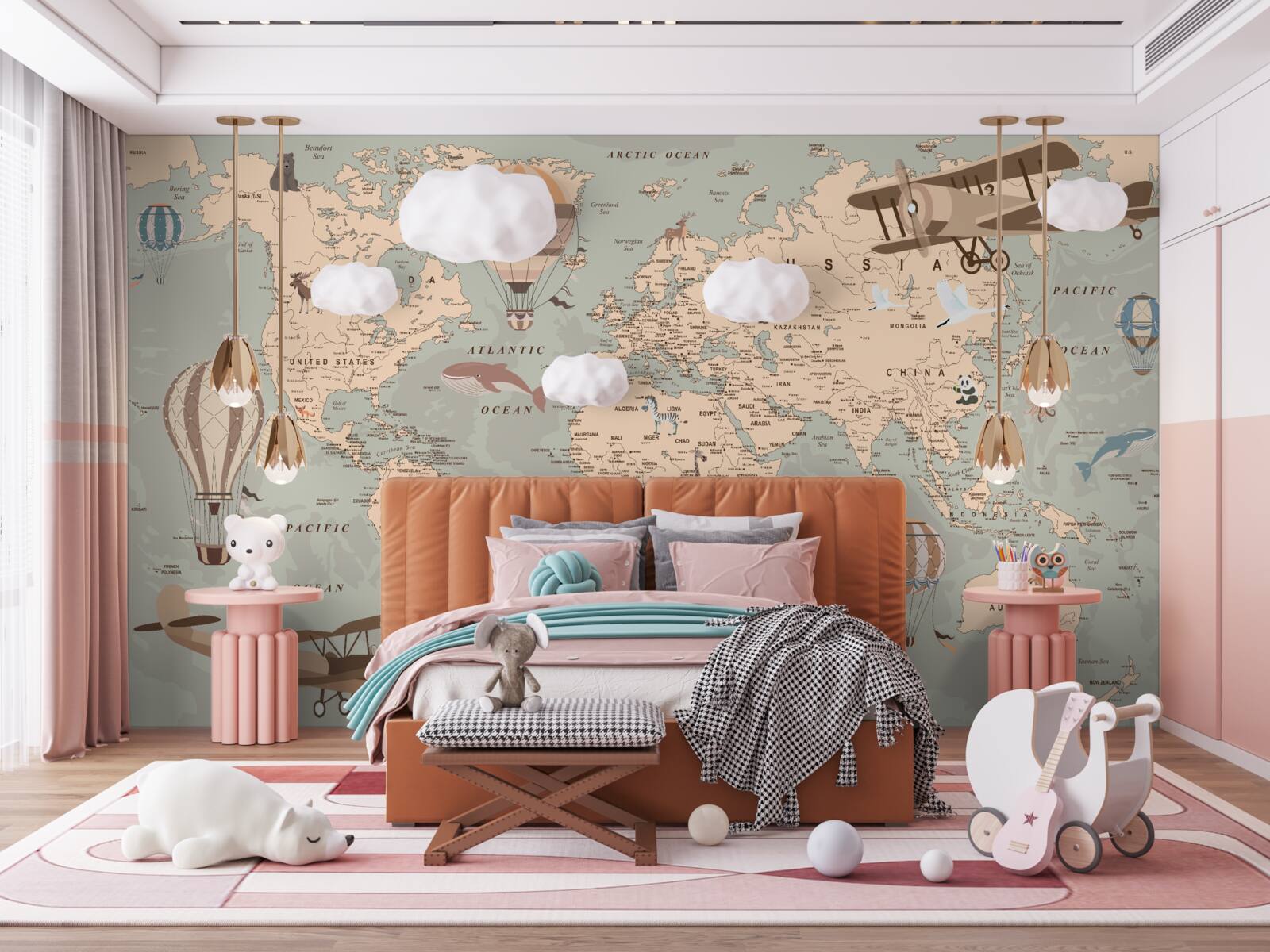 Fotobehang wereldkaart met afbeeldingen van dieren en transport