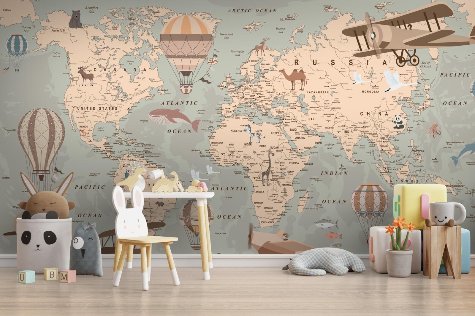 Fotobehang wereldkaart met afbeeldingen van dieren en transport