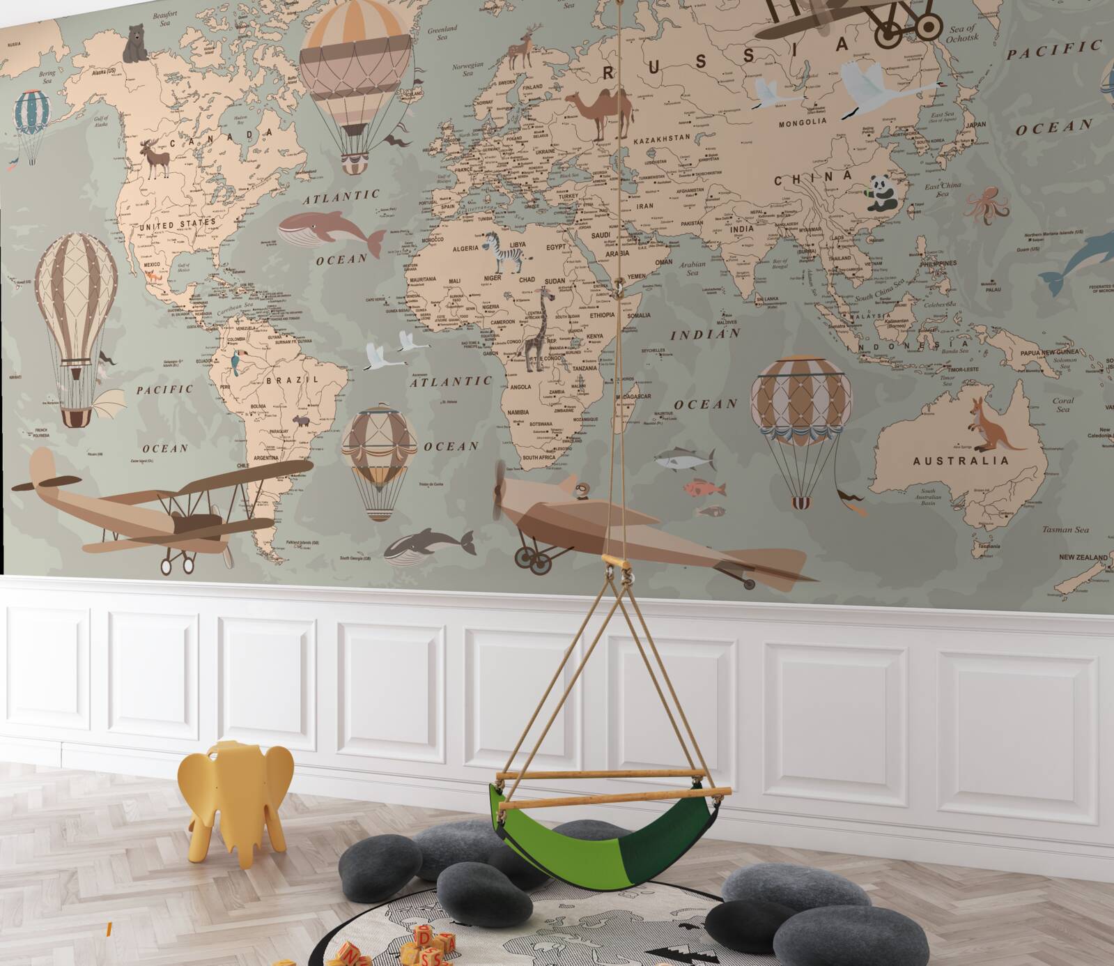 Fotobehang wereldkaart met afbeeldingen van dieren en transport