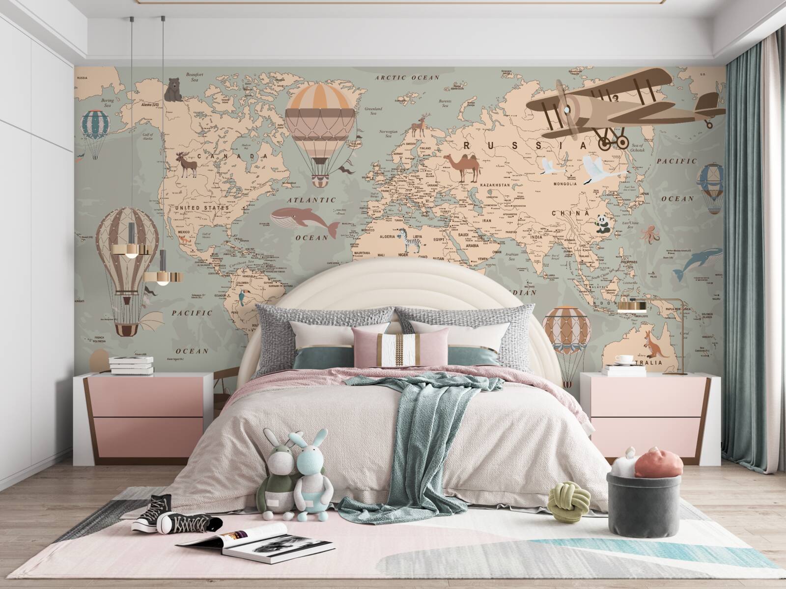 Fotobehang wereldkaart met afbeeldingen van dieren en transport
