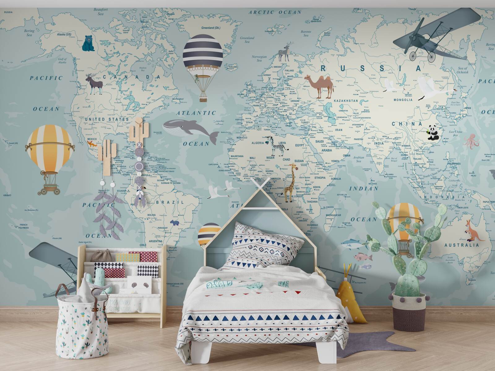Fotobehang wereldkaart met transport en dieren