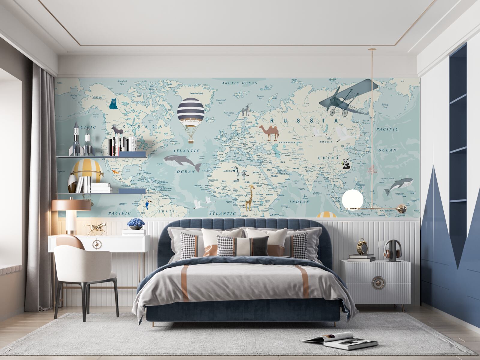 Fotobehang wereldkaart met transport en dieren