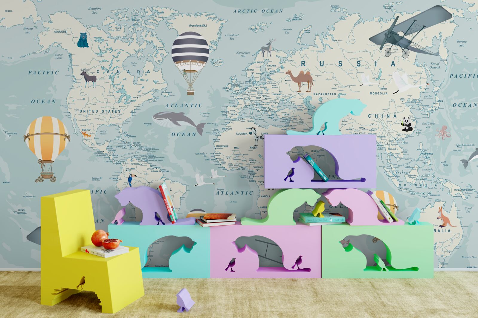 Fotobehang wereldkaart met transport en dieren