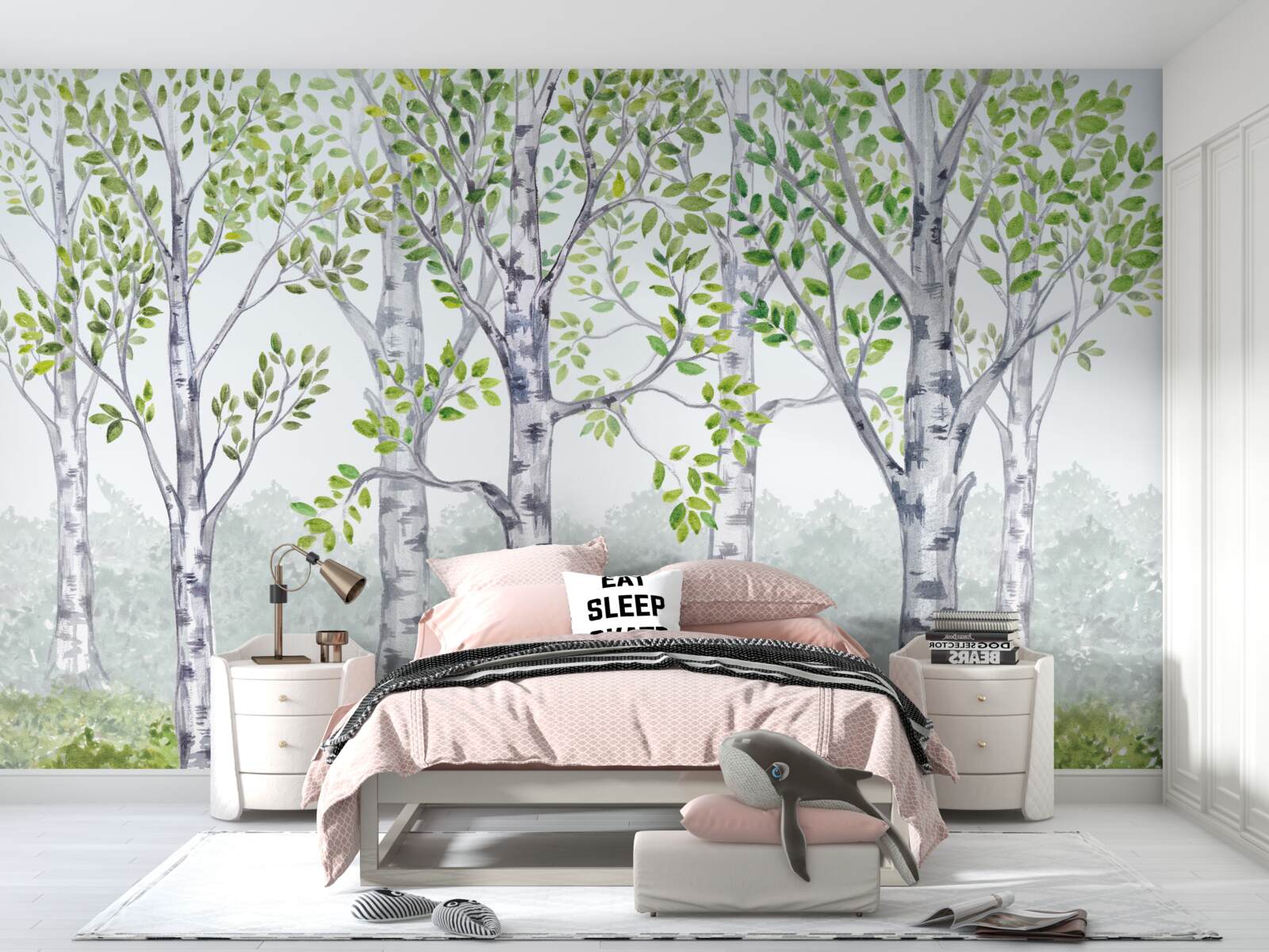 Fotobehang aquarel van een berkenbosje