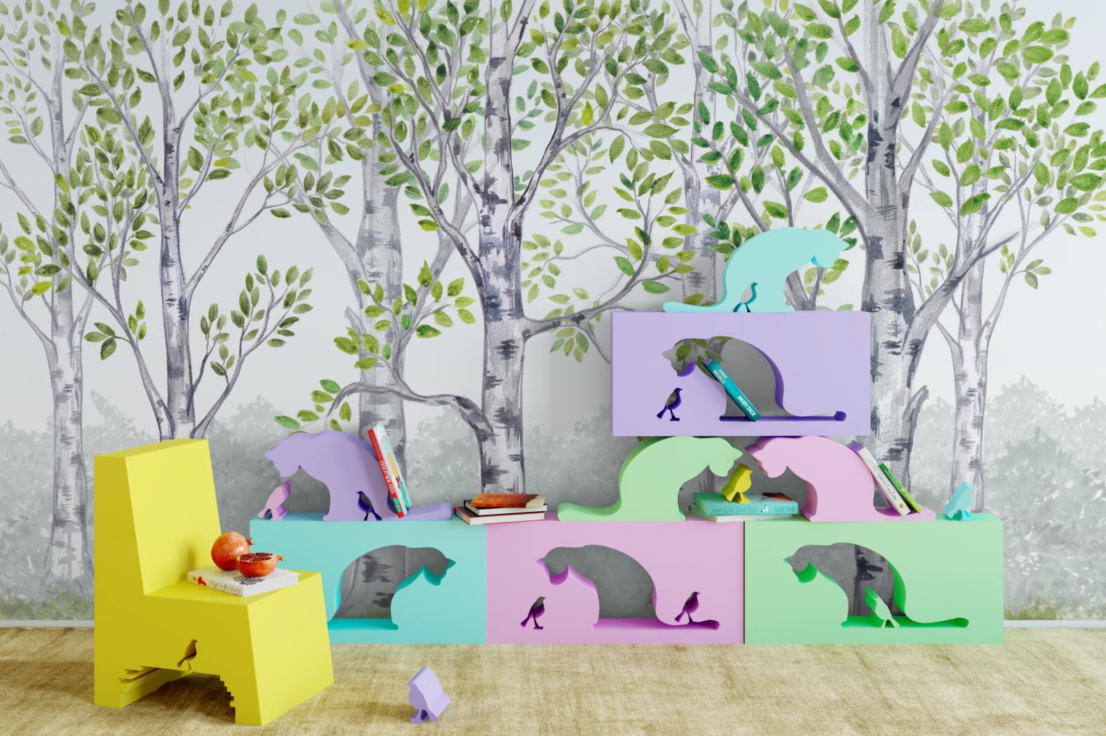 Fotobehang aquarel van een berkenbosje