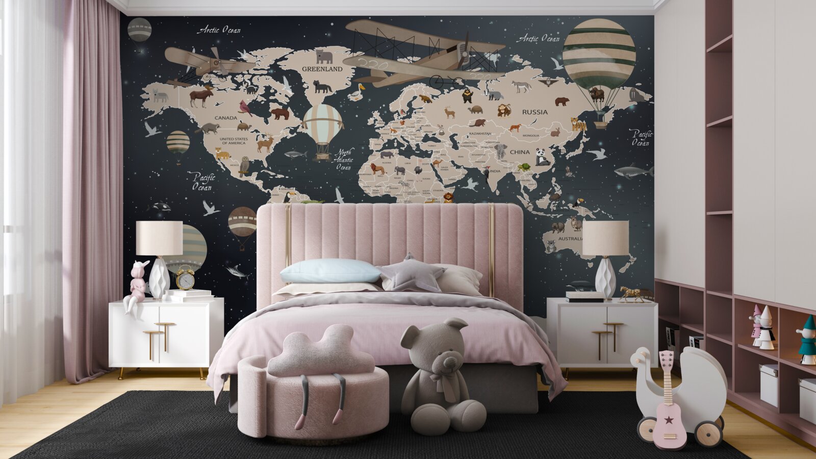 Fotobehang wereldkaart op donkere achtergrond