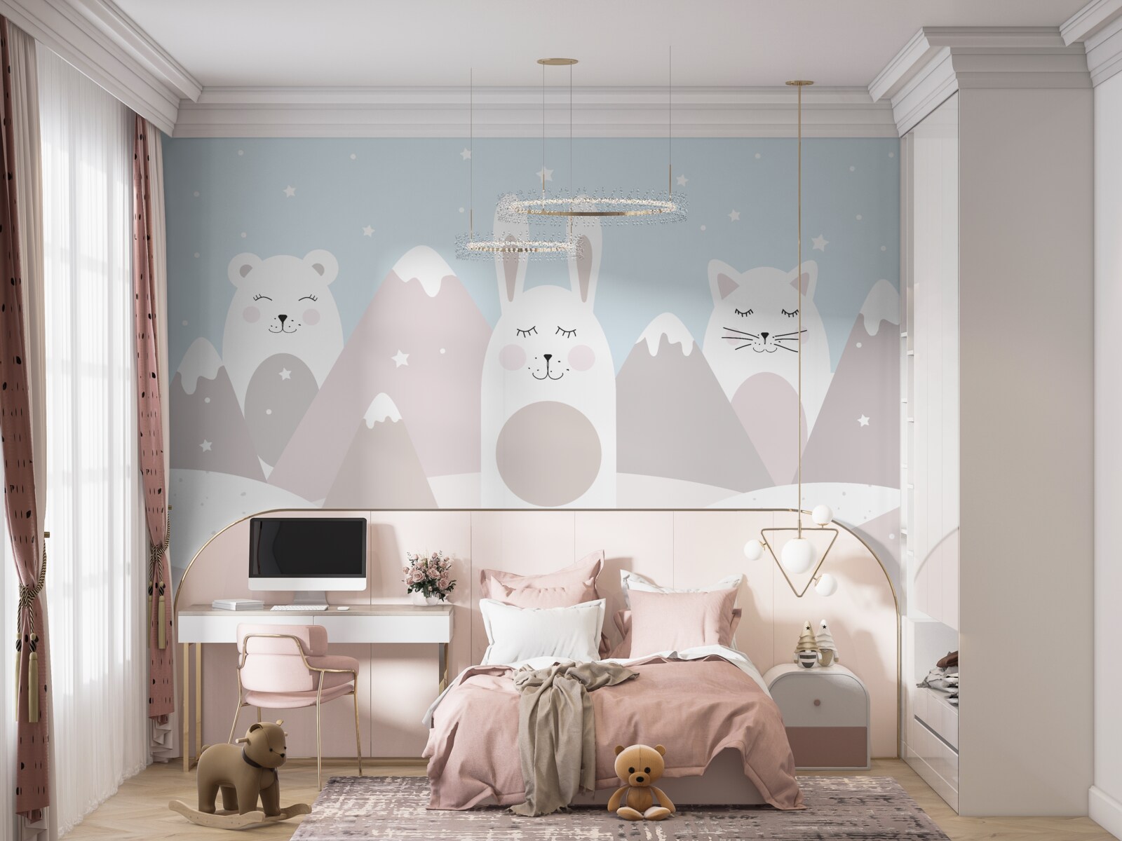 Fotobehang konijn en kitten in de bergen