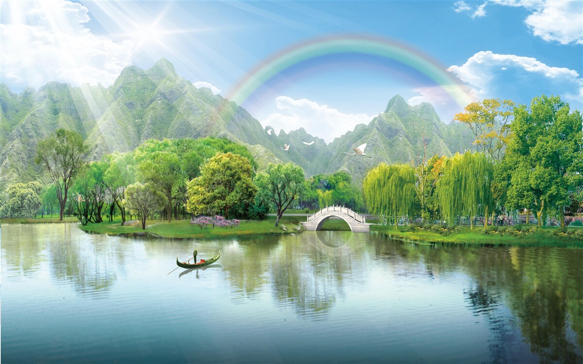 Fotobehang Japans bergmeer met een regenboog erover