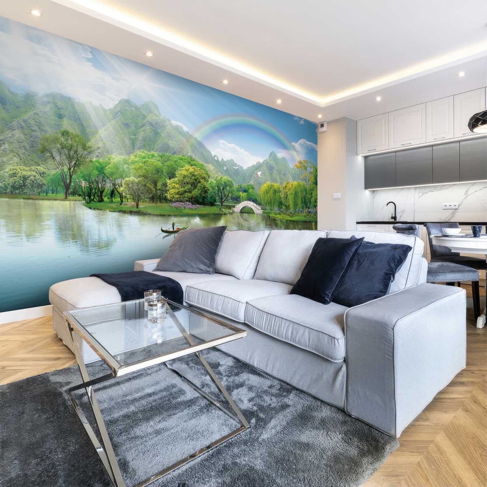 Fotobehang Japans bergmeer met een regenboog erover