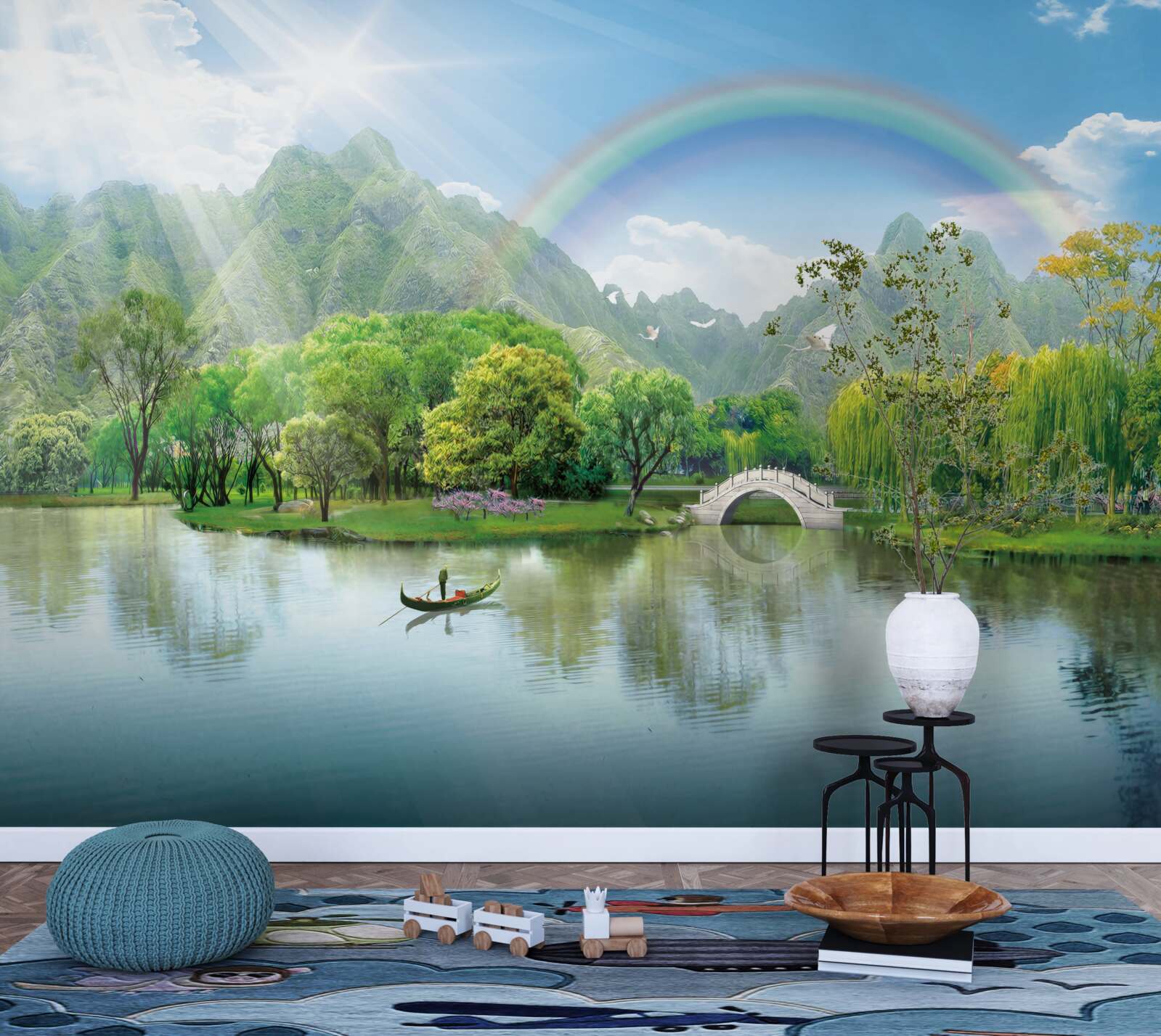 Fotobehang Japans bergmeer met een regenboog erover