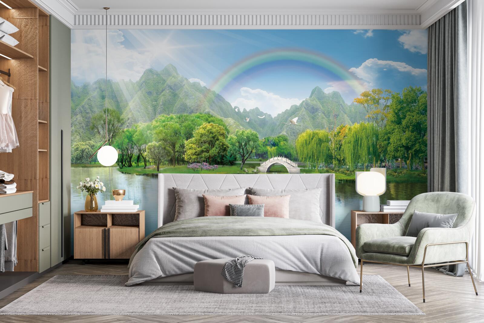 Fotobehang Japans bergmeer met een regenboog erover