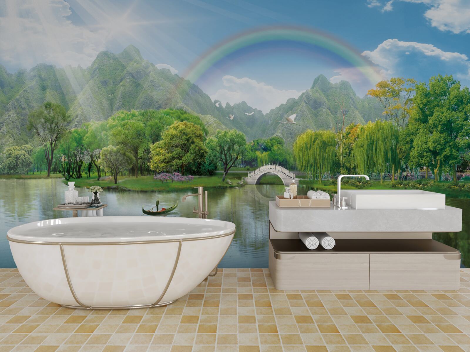 Fotobehang Japans bergmeer met een regenboog erover