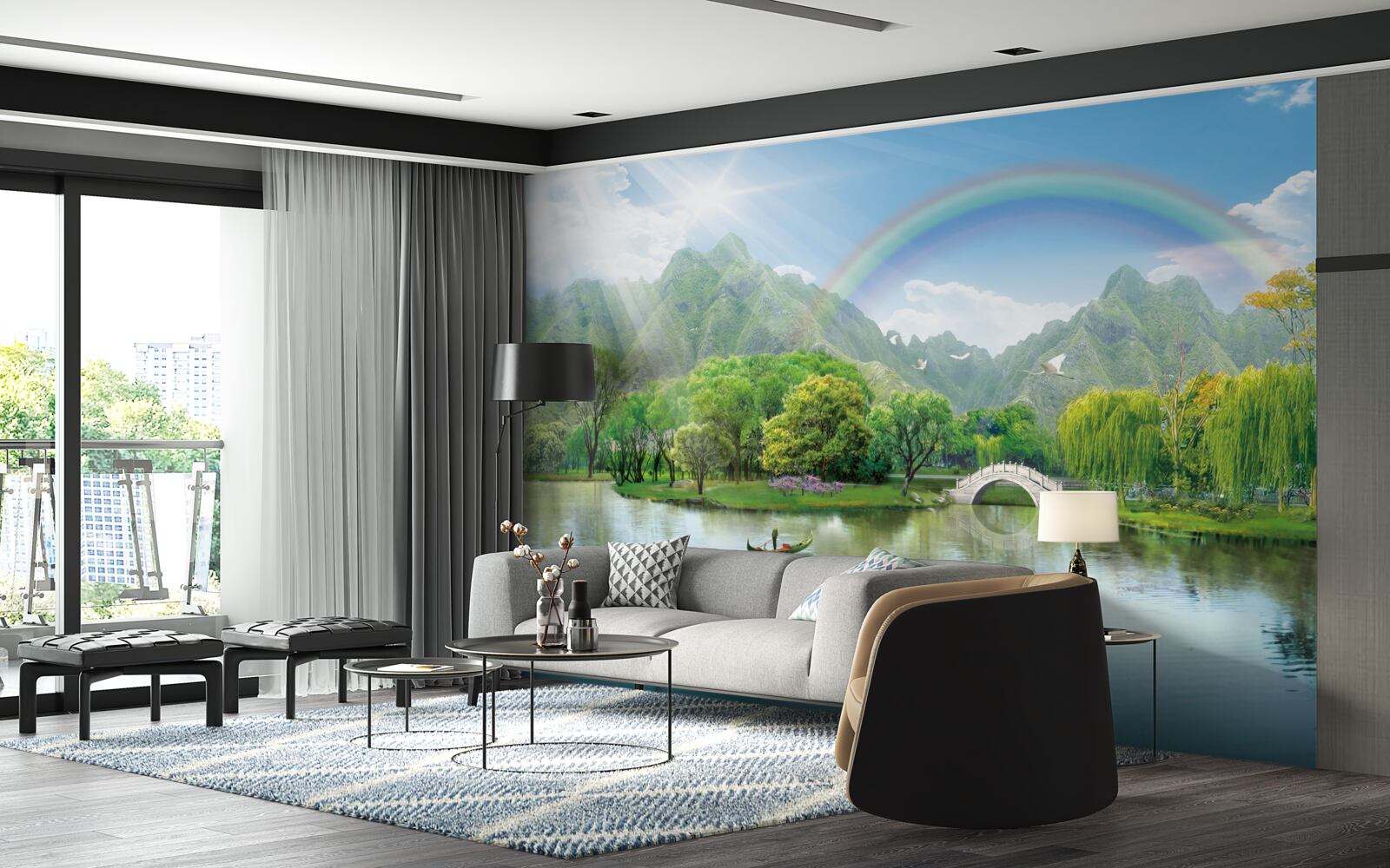 Fotobehang Japans bergmeer met een regenboog erover