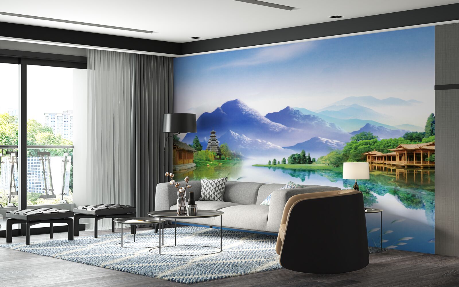 Fotobehang bergmeer in het zomerlandschap