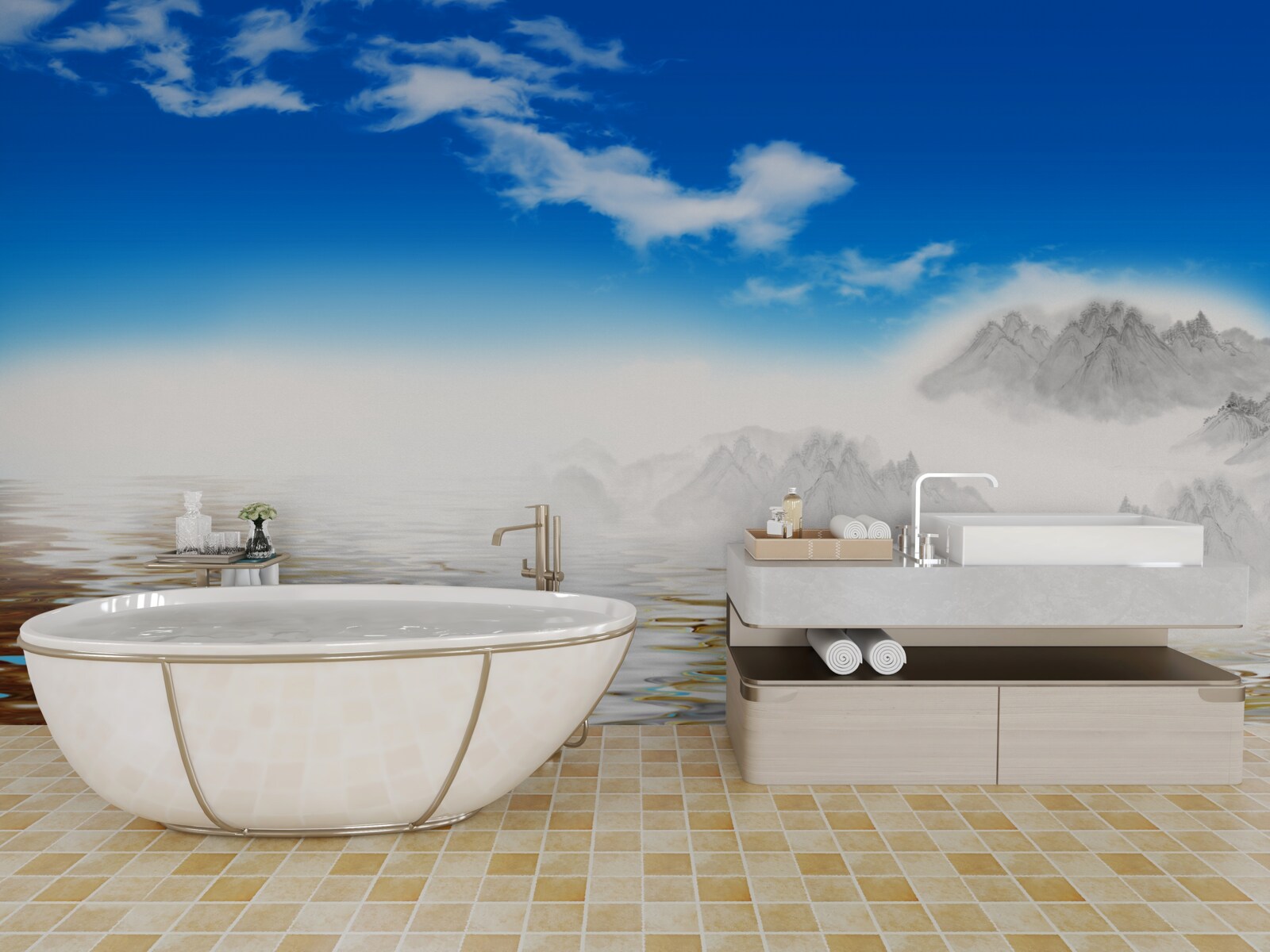 Fotobehang stil water onder de bergen