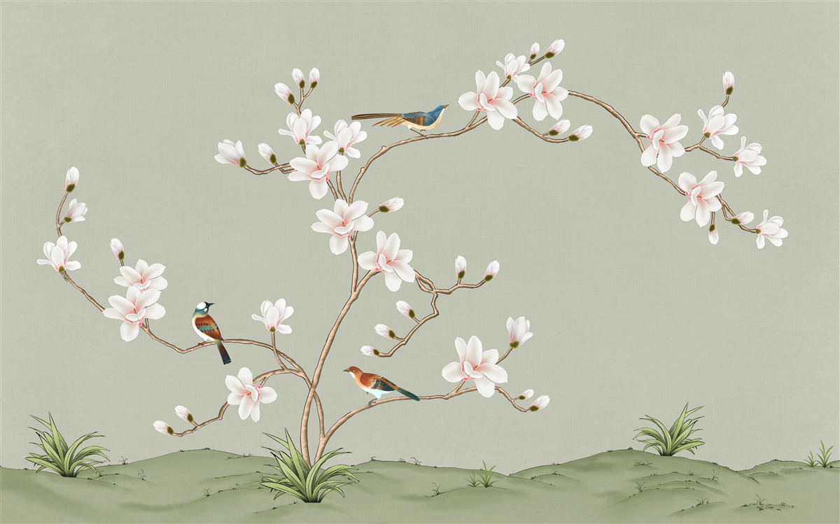 Fotobehang elegante boom versierd met bloemen en omringd door vogels