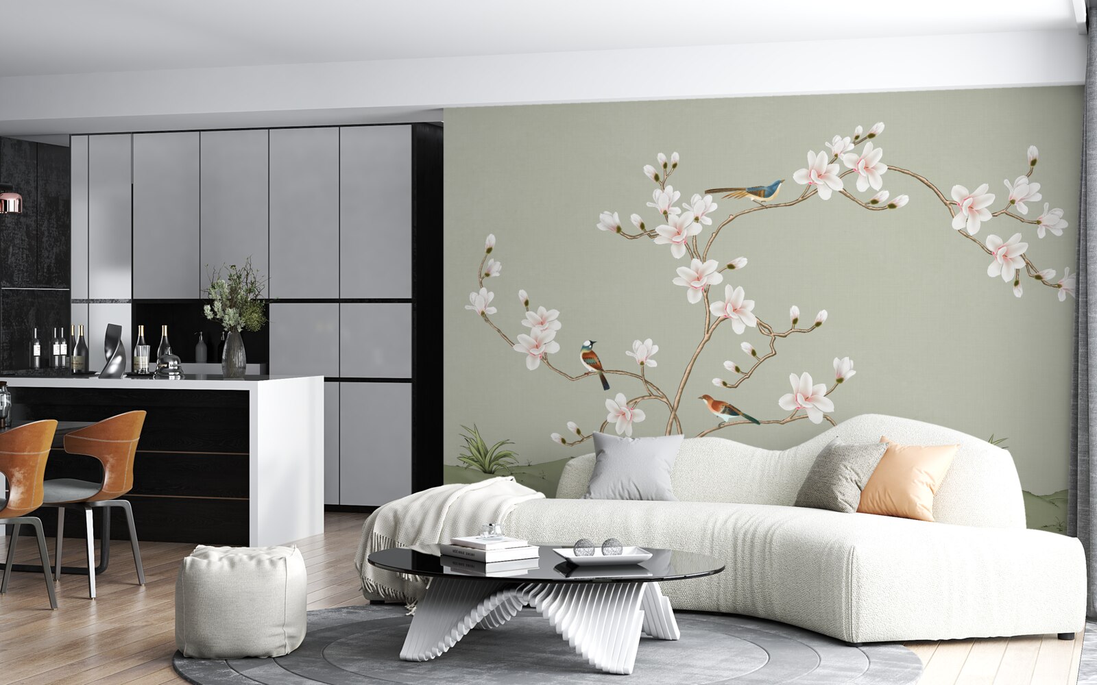 Fotobehang elegante boom versierd met bloemen en omringd door vogels