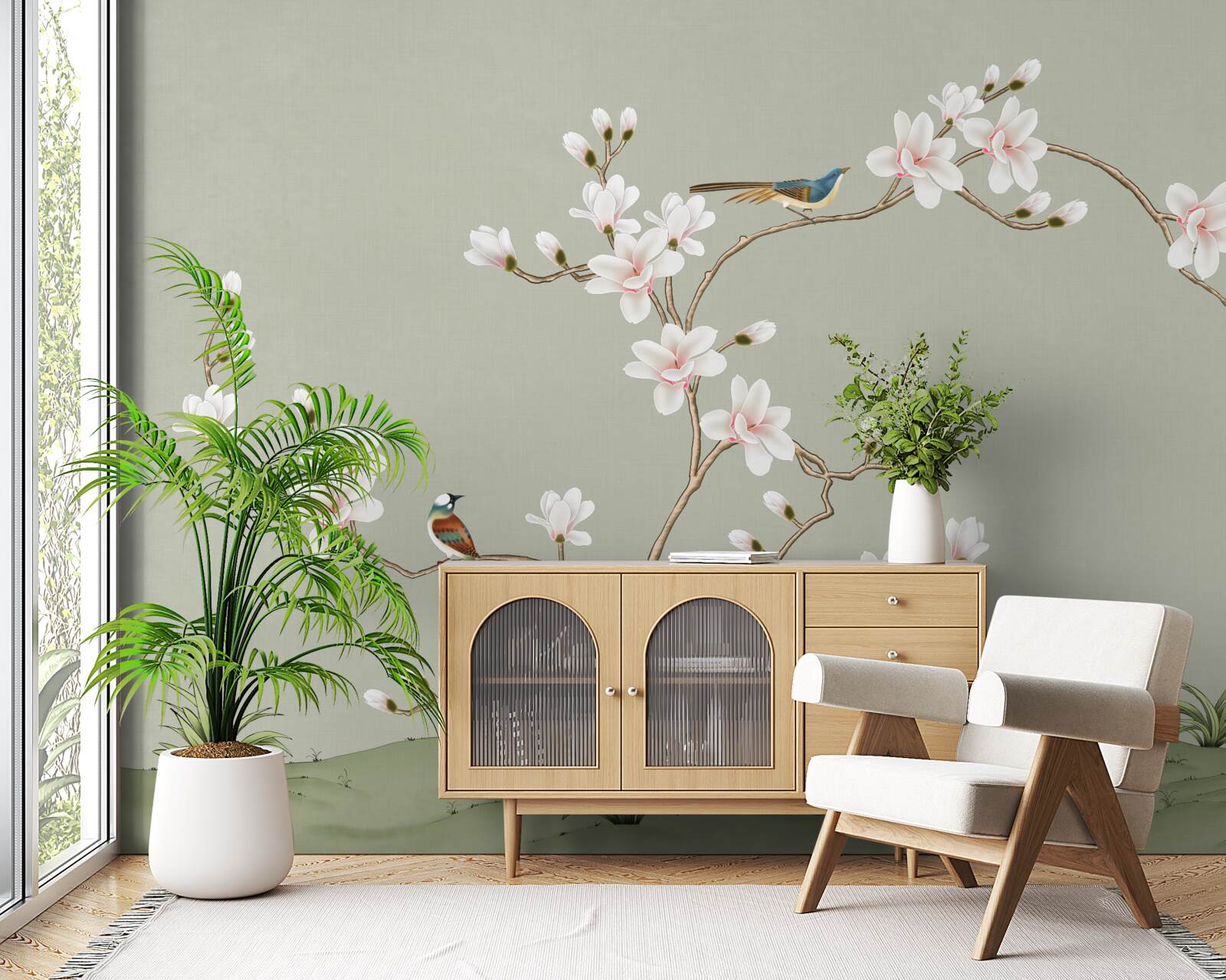 Fotobehang elegante boom versierd met bloemen en omringd door vogels