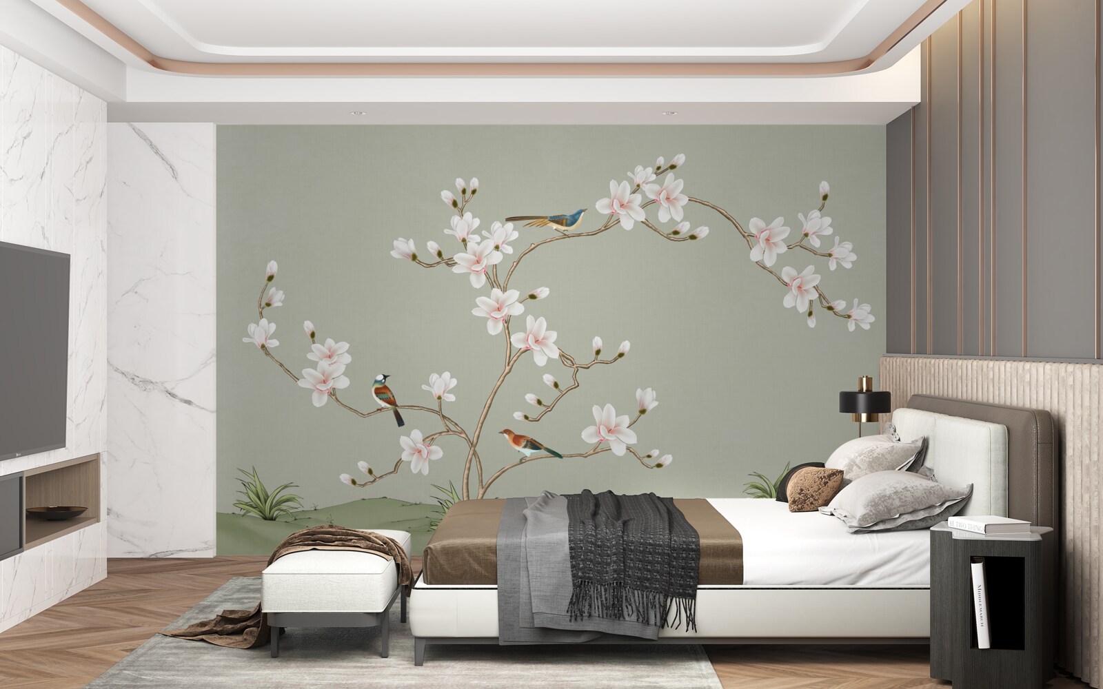 Fotobehang elegante boom versierd met bloemen en omringd door vogels