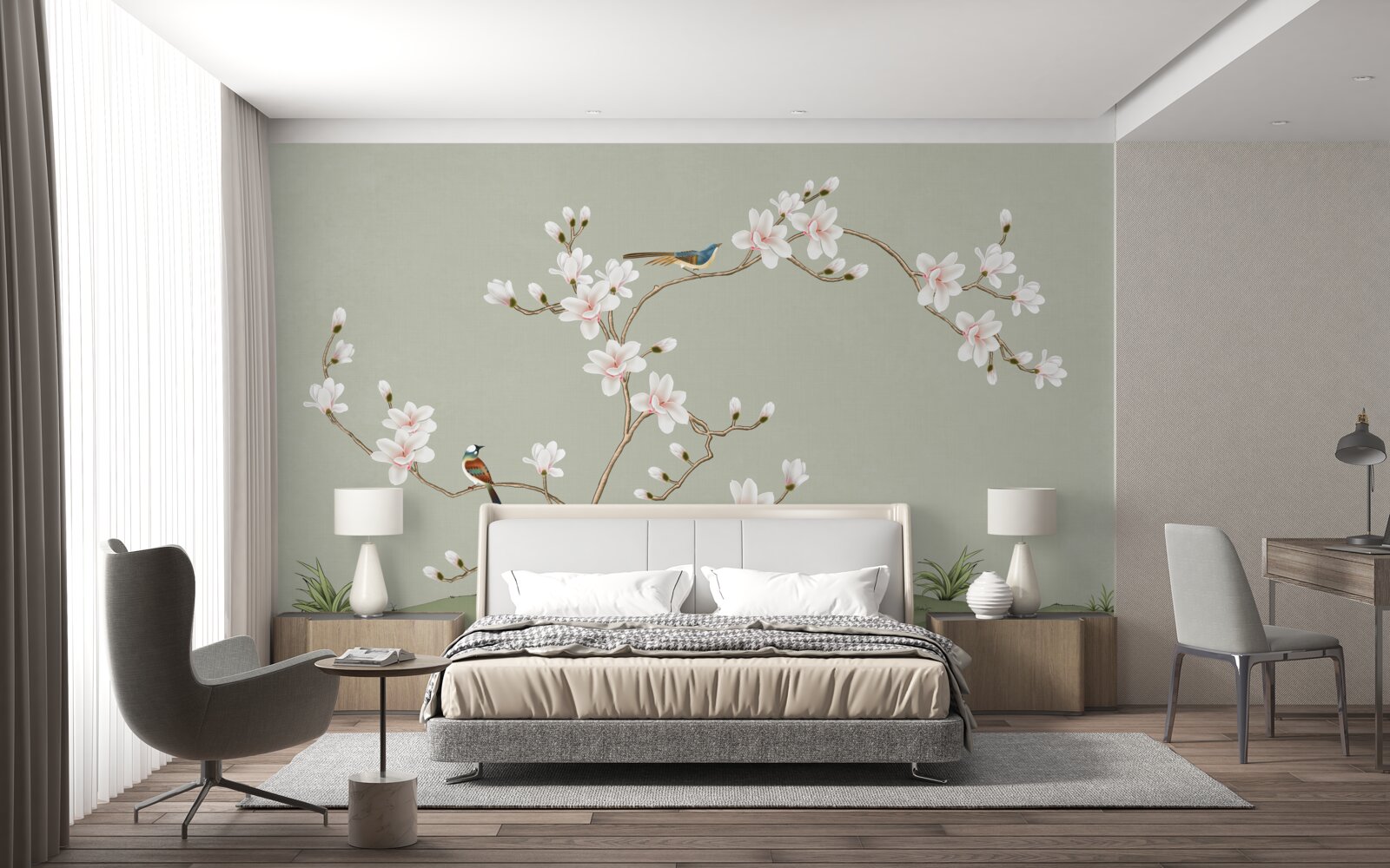 Fotobehang elegante boom versierd met bloemen en omringd door vogels