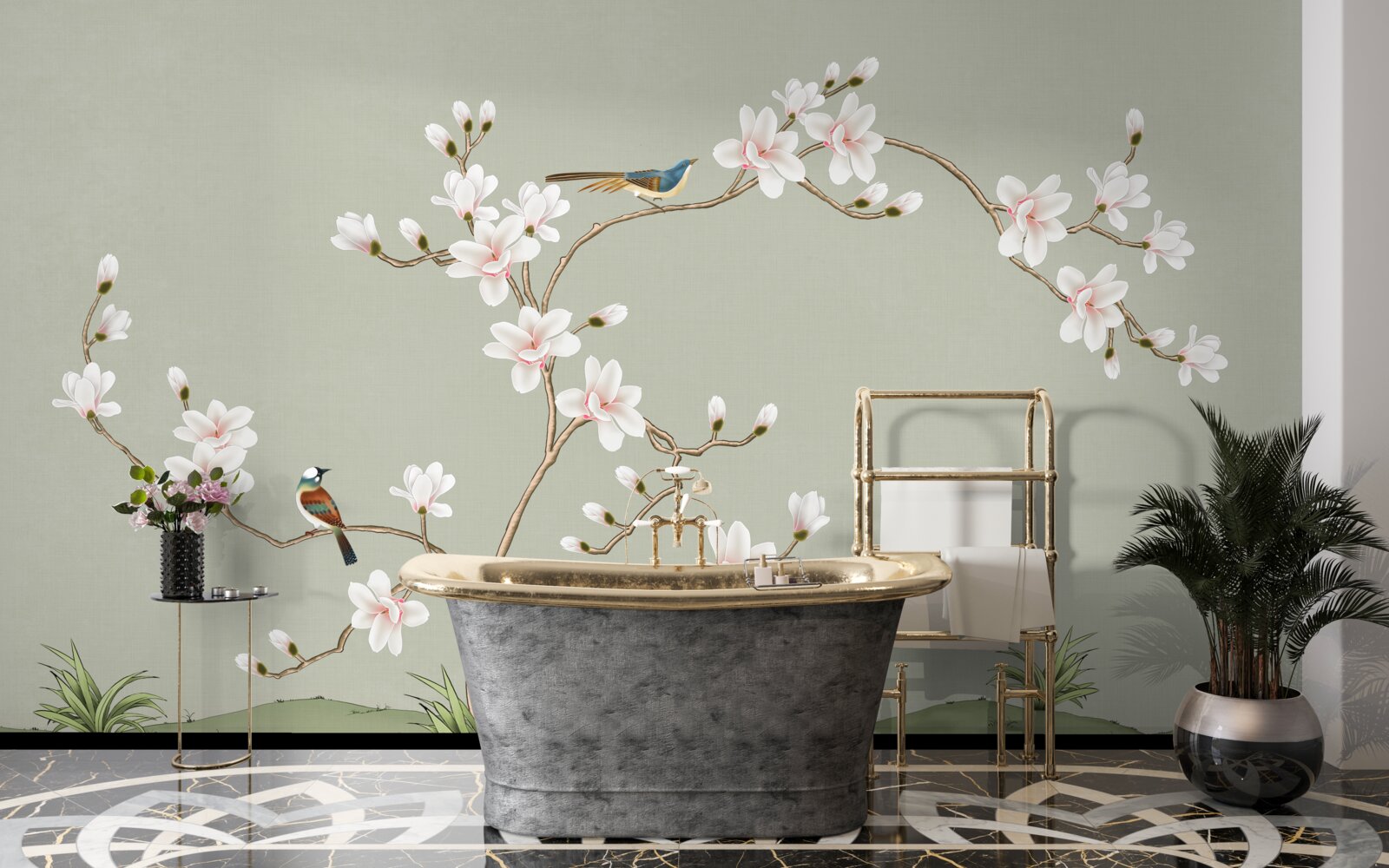 Fotobehang elegante boom versierd met bloemen en omringd door vogels