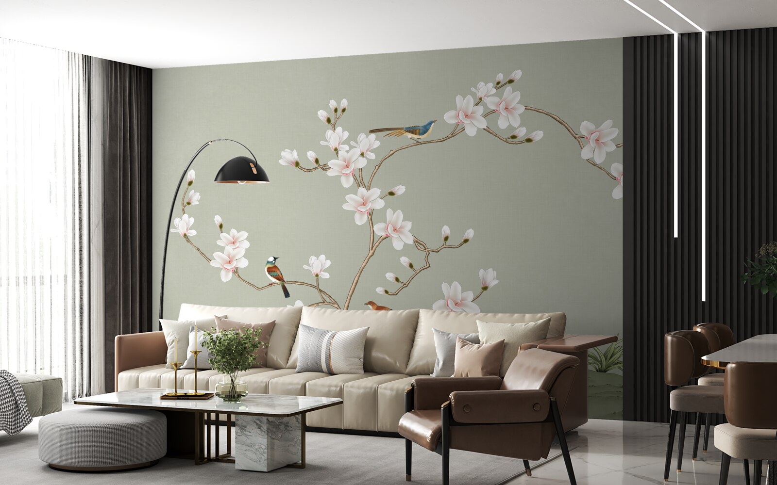 Fotobehang elegante boom versierd met bloemen en omringd door vogels