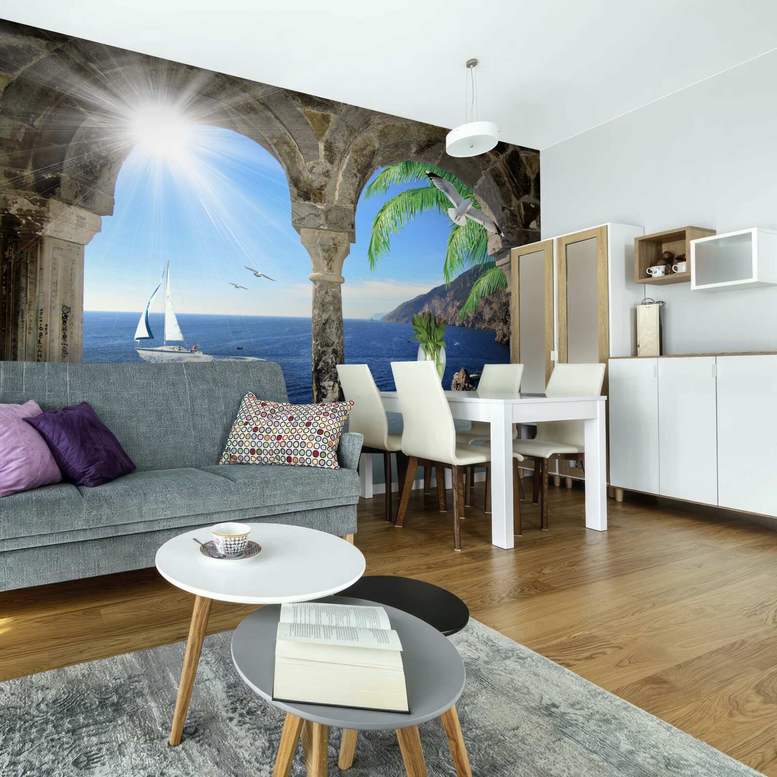 Fotobehang oude boog met uitzicht op zee