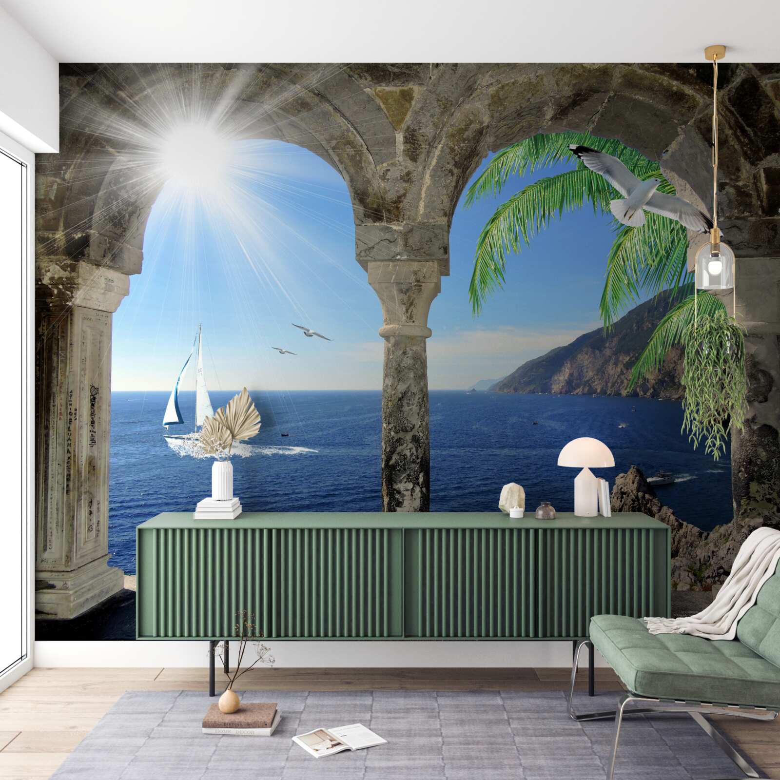 Fotobehang oude boog met uitzicht op zee