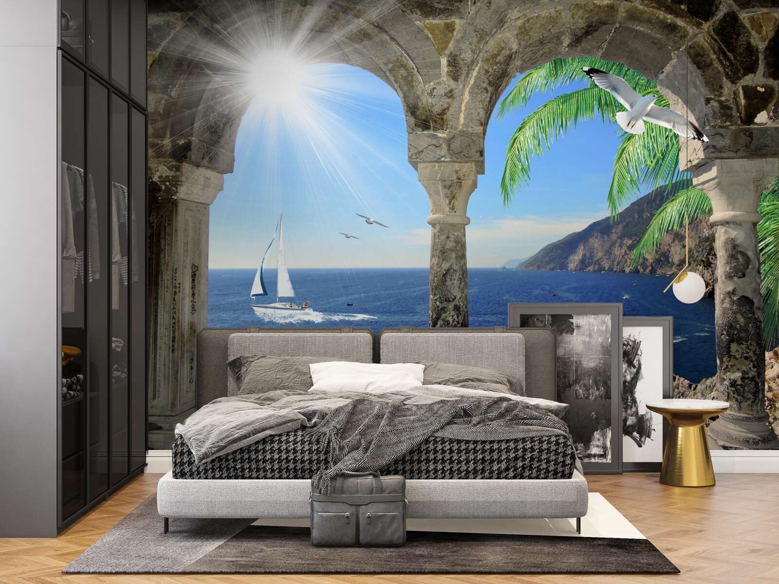 Fotobehang oude boog met uitzicht op zee