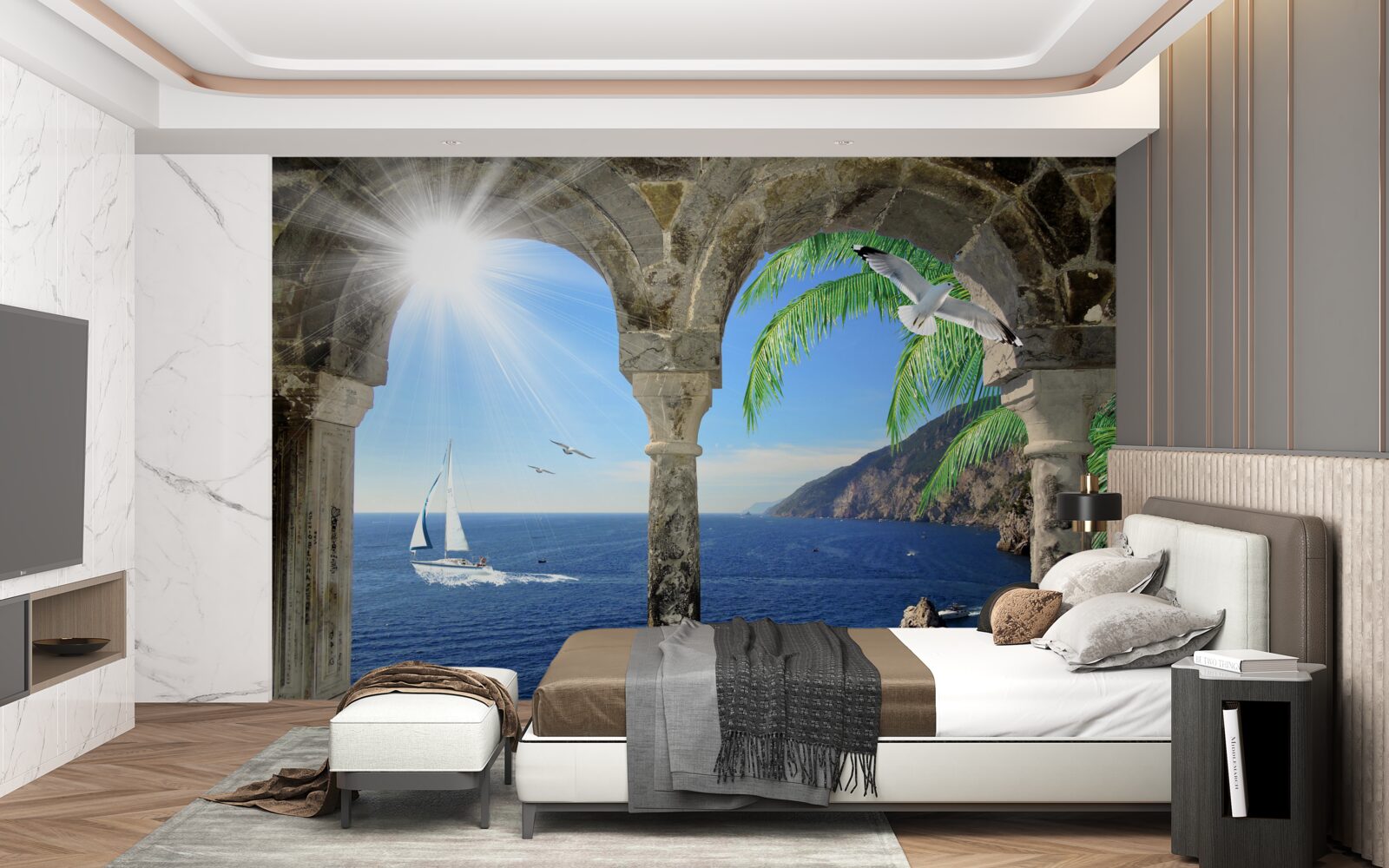 Fotobehang oude boog met uitzicht op zee