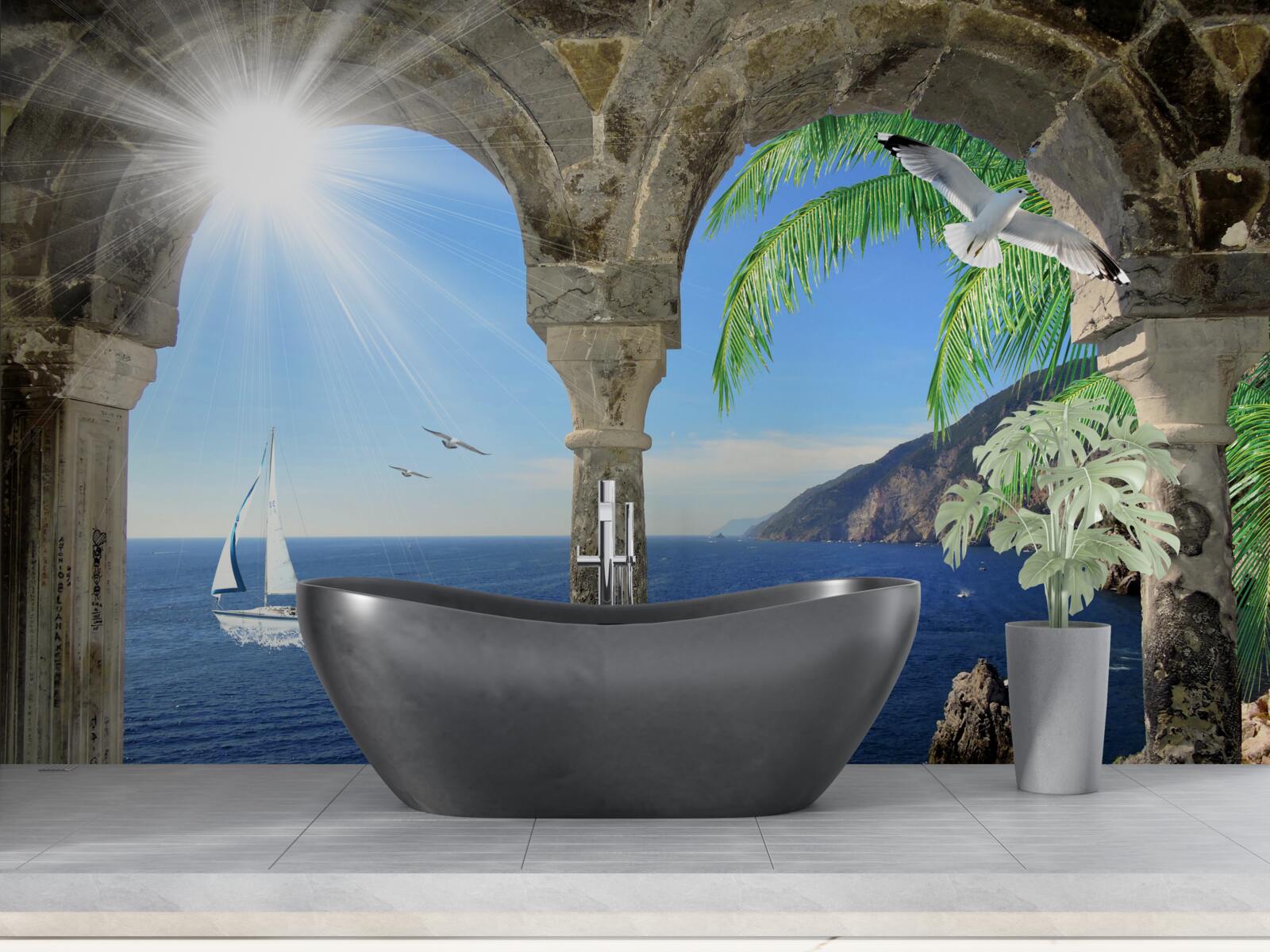 Fotobehang oude boog met uitzicht op zee