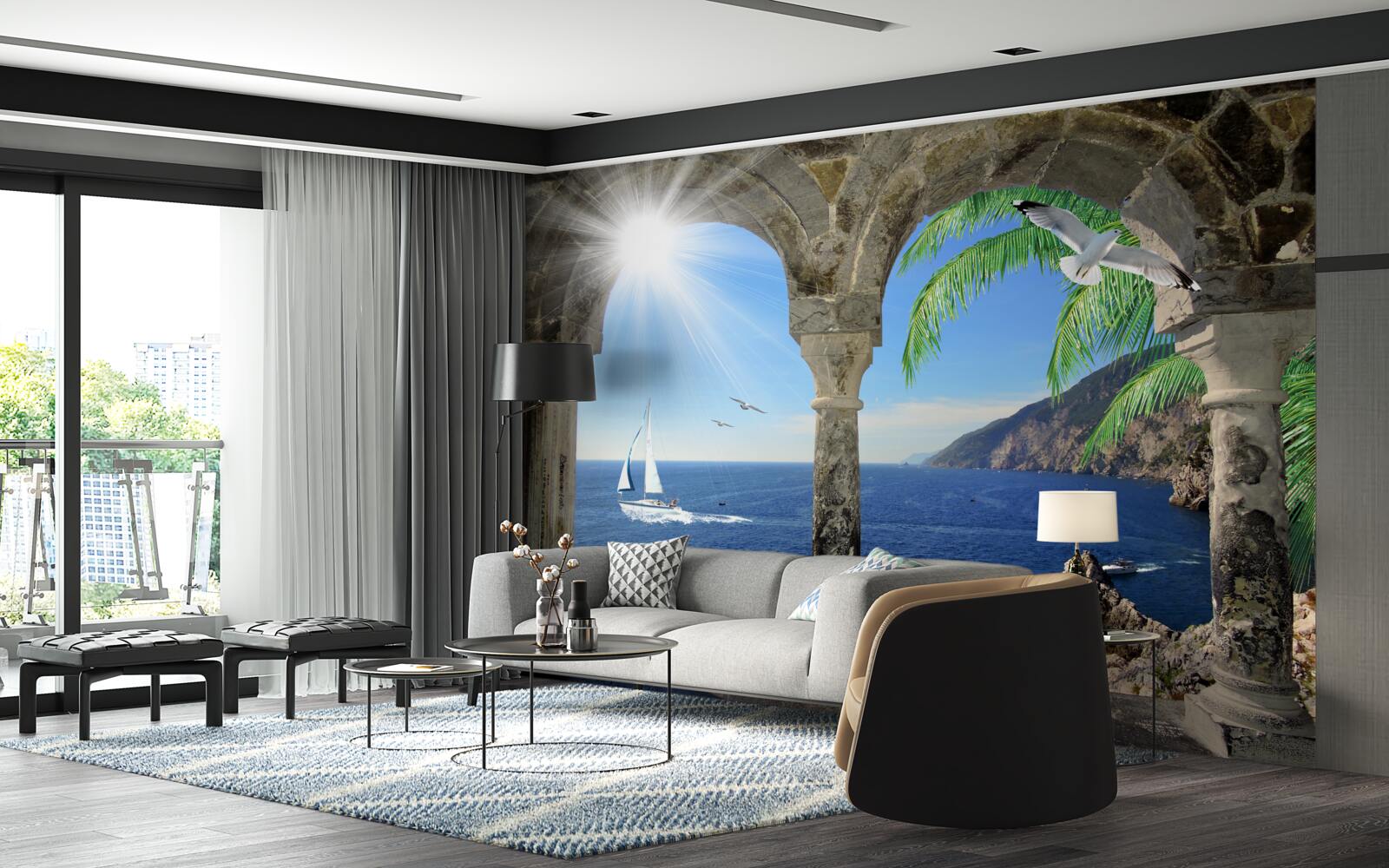 Fotobehang oude boog met uitzicht op zee