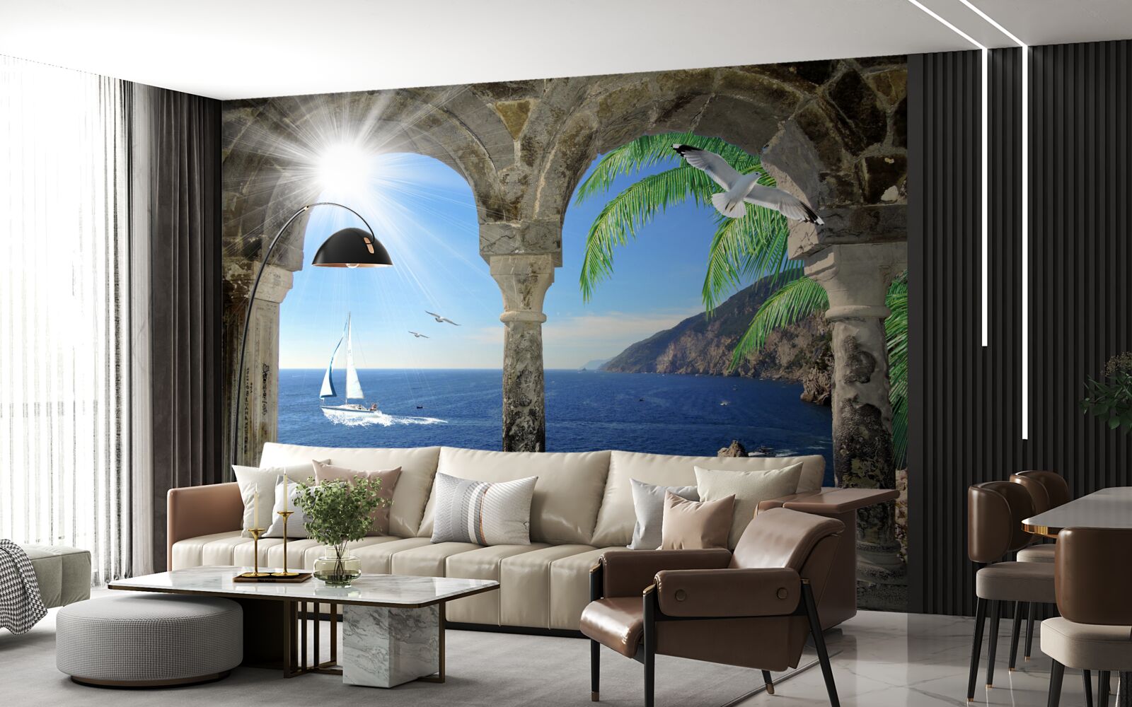 Fotobehang oude boog met uitzicht op zee